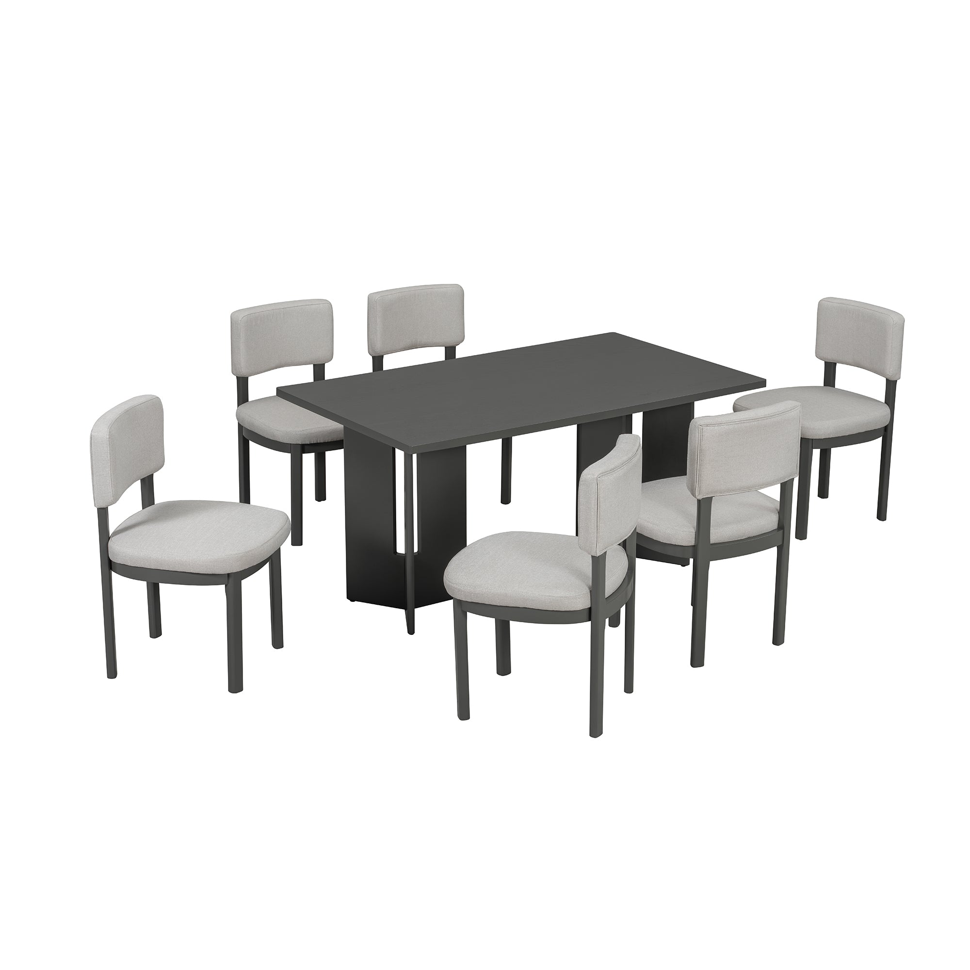 TREXM Farmhouse Wood Dining Table Set for 6 with 6 Upholstered Chairs, 60' Rectangular Table with Cutout Legs in Gray, MDF+Oak Veneer Top, LVL Rubber Frame