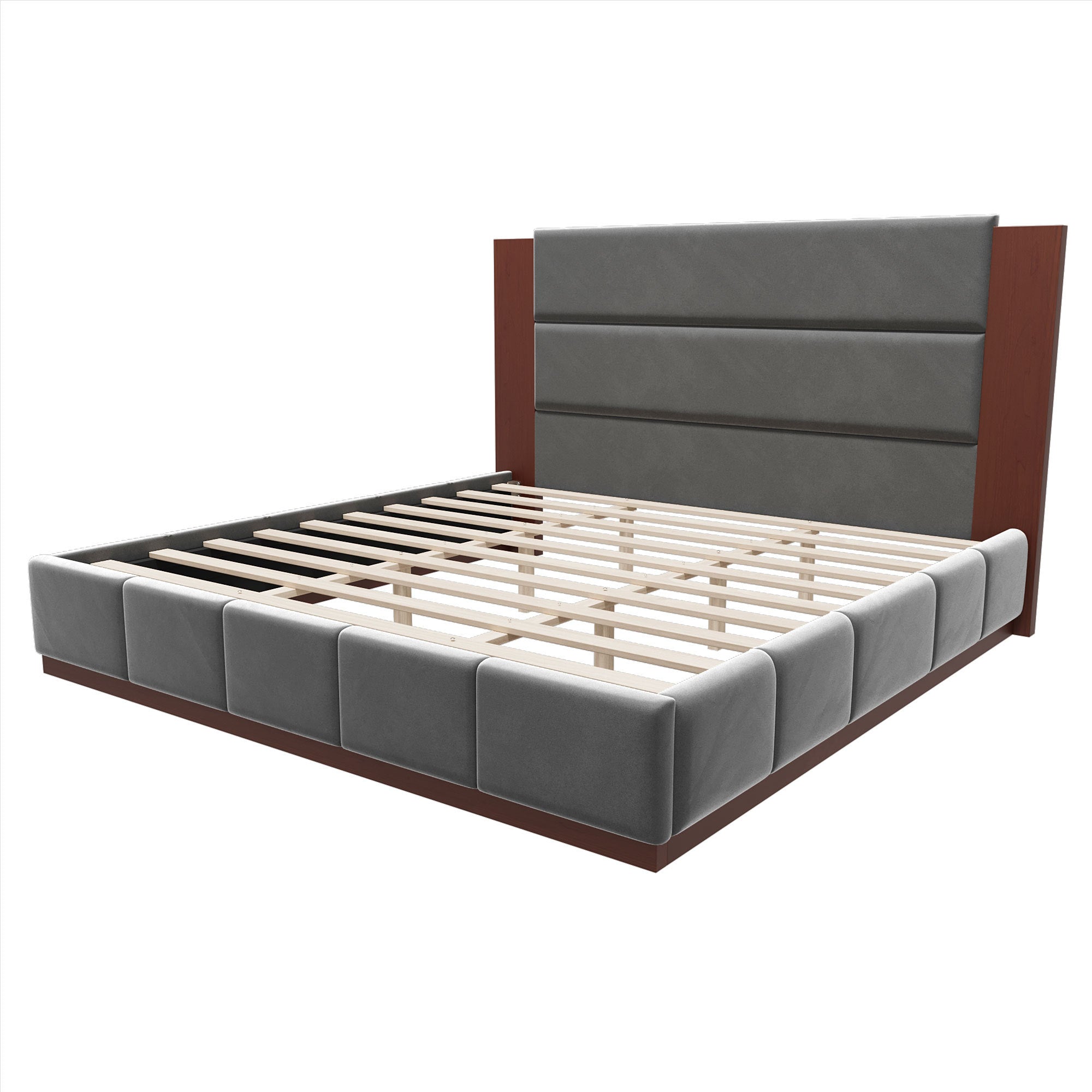 Modern Upholstered Platform Bed Frame with Extended Wood Headboard, King Size, Grey Velvet on Wood Base, No Box Spring Needed