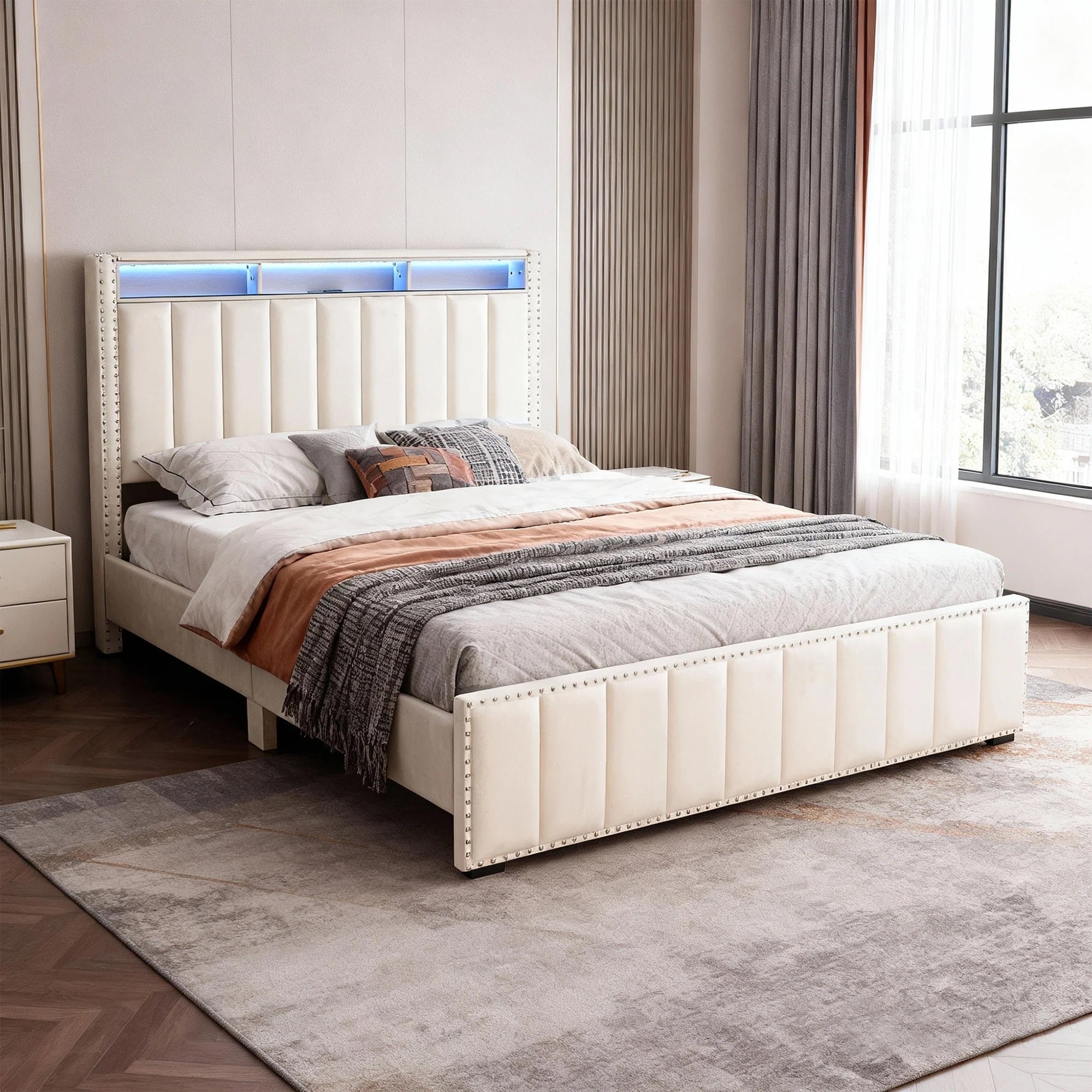 Contemporary Glam Beige Color 1pc Full Size Bed Storage Shelve LED Channel Tufting Bedroom Furniture Fabric Nailhead