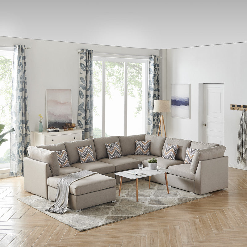 Amira Beige Fabric Reversible Modular Sectional Sofa with Ottoman and Pillows
