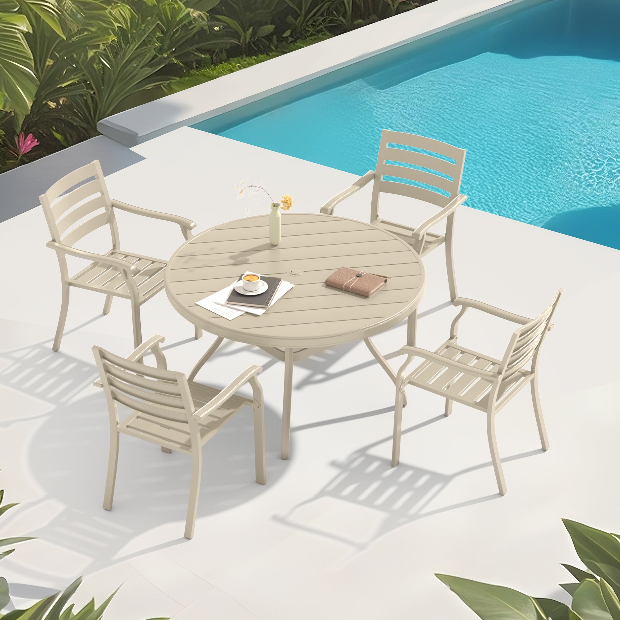 5 Pieces Outdoor Patio Dining Set, 4  Stackable Metal Dining Chairs and 40.6' Round Metal Dining Table, Outdoor Table and Chairs for Lawn Garden Backyard Deck