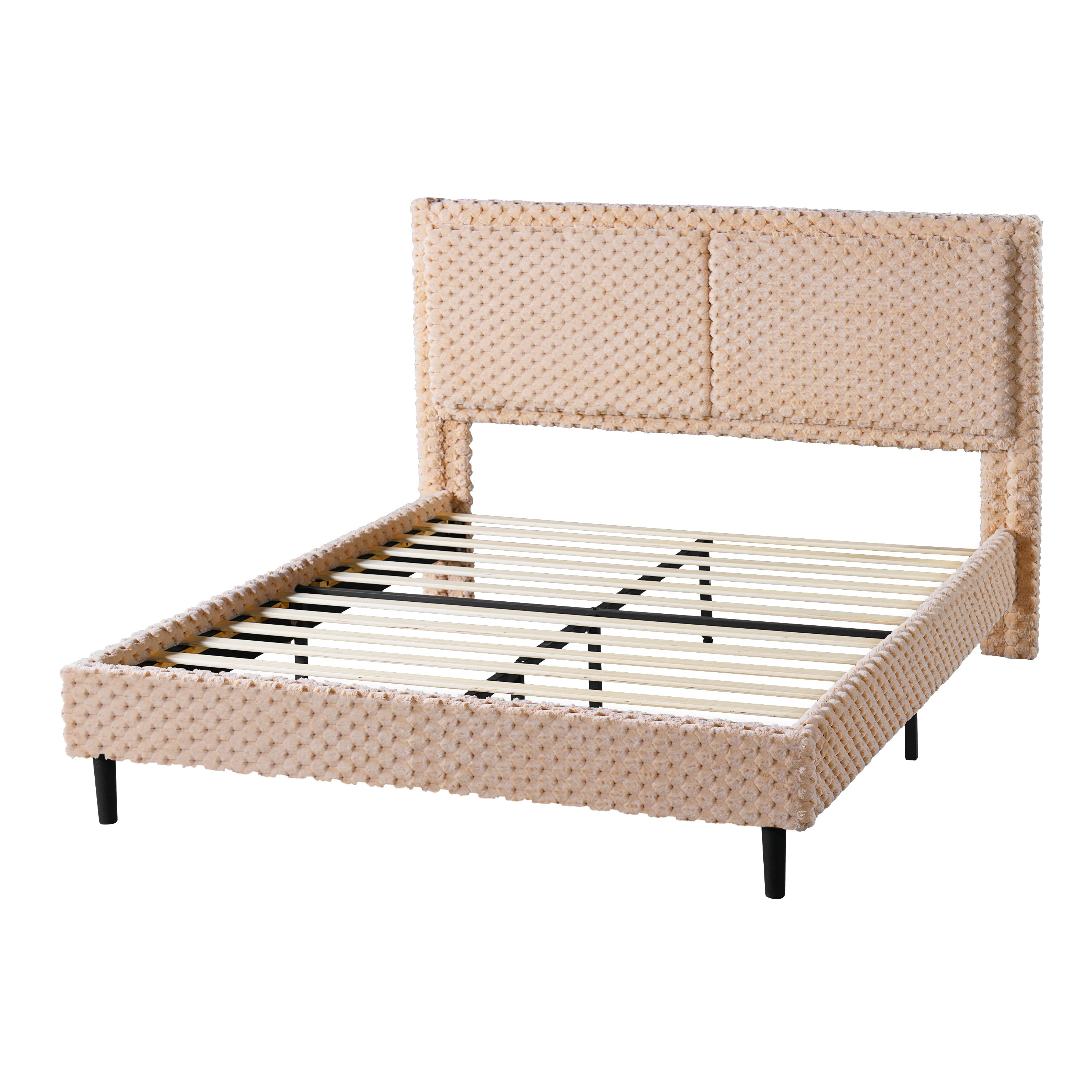 Simple Modern Camel Plush Soft Bed Comfortable Backrest for Bedroom, Queen Size, Fabric and Wood Construction