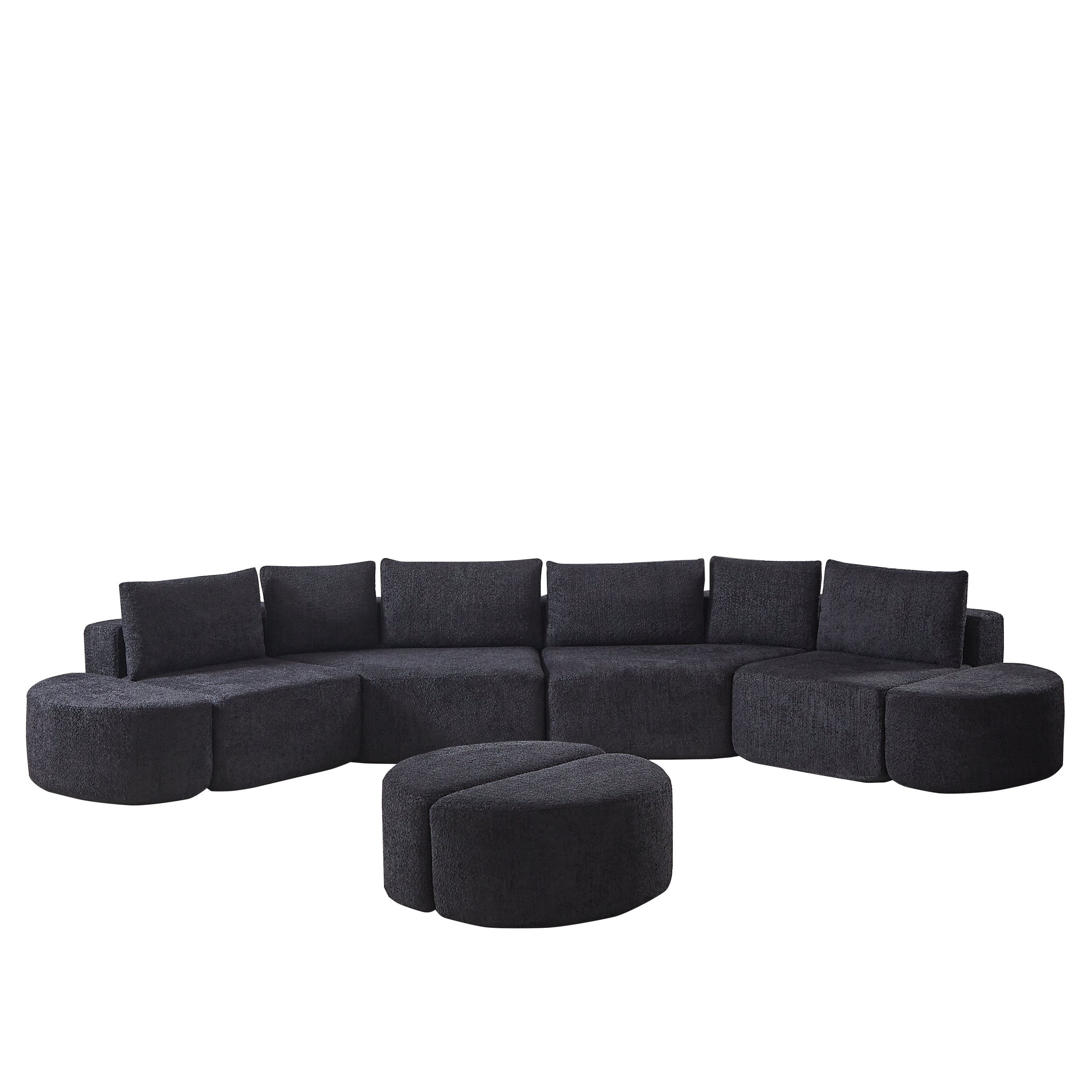 Modular Sectional Sofa in Black Chenille Fabric with 6 Pillows and 4 Curved Footstools, Ideal for Living Rooms, Bedrooms, and Offices