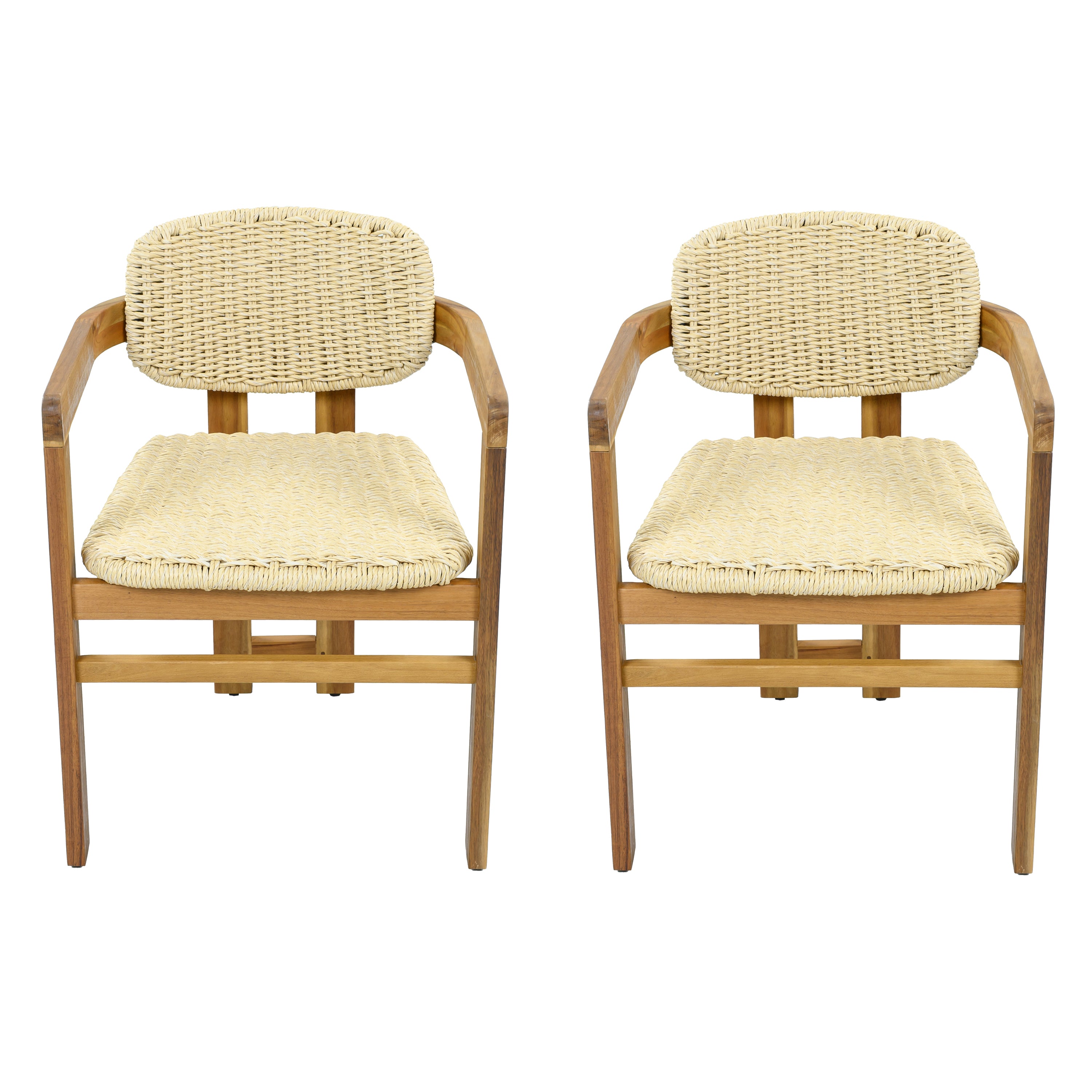 Outdoor Woven Rattan Chair Set Two Accent Chairs Stylish Armchairs for Patio Garden Teak Finish+Natural Rattan Acacia Wood Frame 2 Person Seating Group