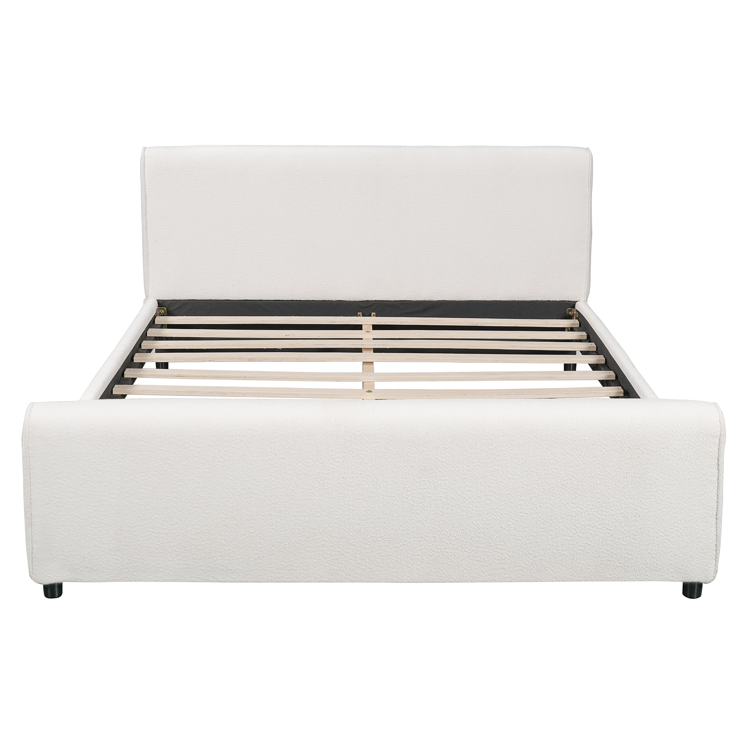 Luxury Bouclé Upholstered Queen Bed Frame with Curved Headboard & Footboard, White Fabric, Solid Wood Slats, No Box Spring Needed