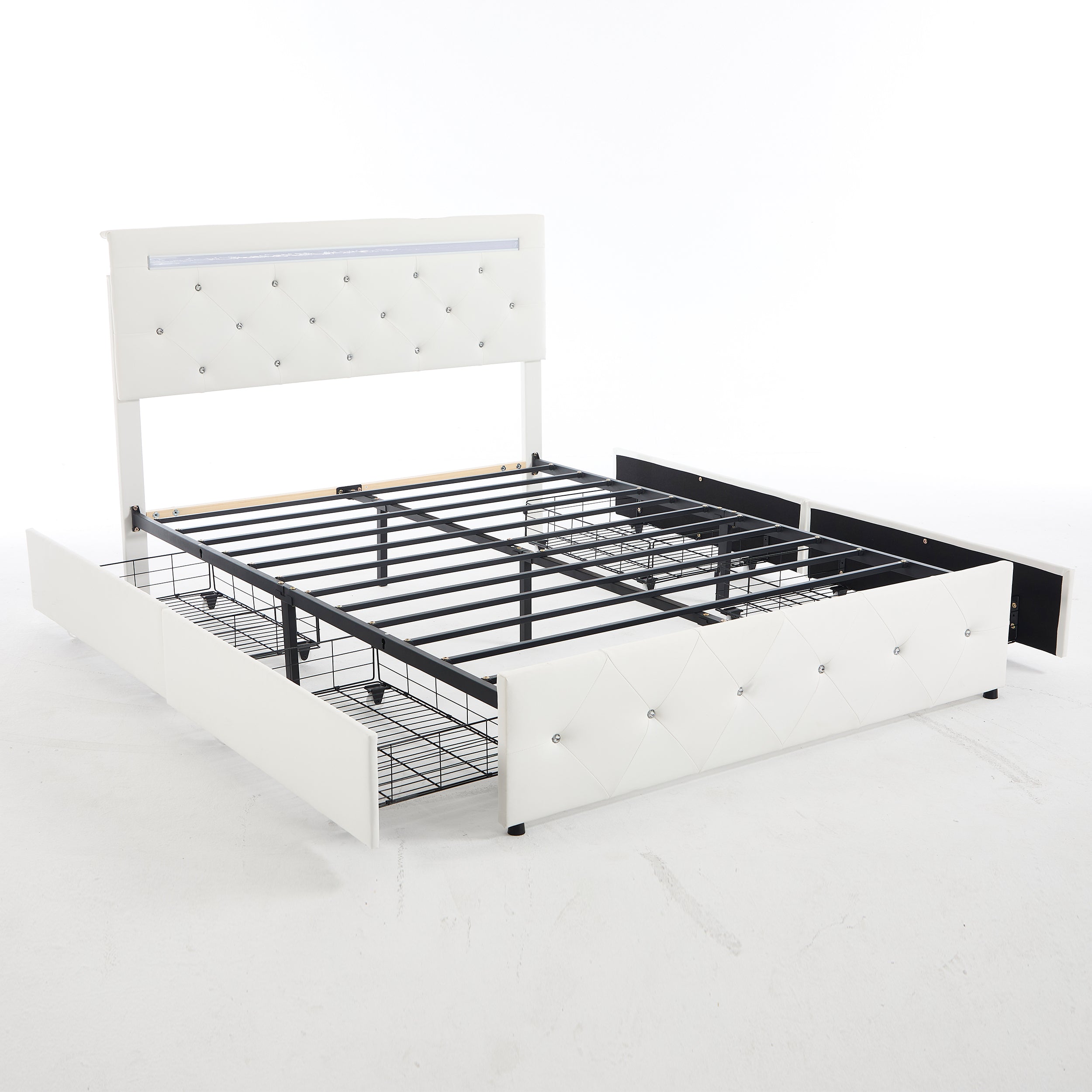 White PU Upholstered Queen Bed Frame with LED Light, 4 Storage Drawers, Adjustable Headboard, Charging Station, Metal Frame, No Box Spring Needed