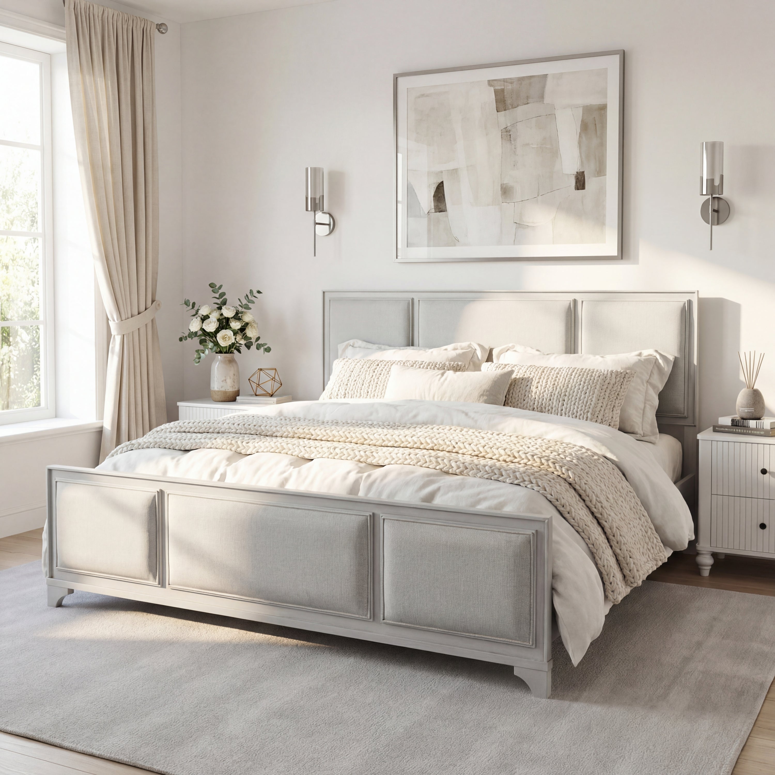 King Size Bed Frame with Upholstered Headboard, White Solid Wood & Beige Fabric, No Box Spring Needed, Modern Farmhouse Style