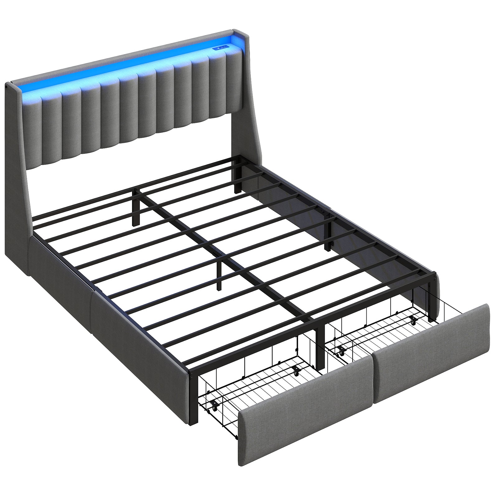 Grey Upholstered Queen Size Platform Bed Frame with RGB LED Lights, Charging Station, 2 Underbed Drawers & Storage Headboard, All-Metal Construction, No Box Spring Required