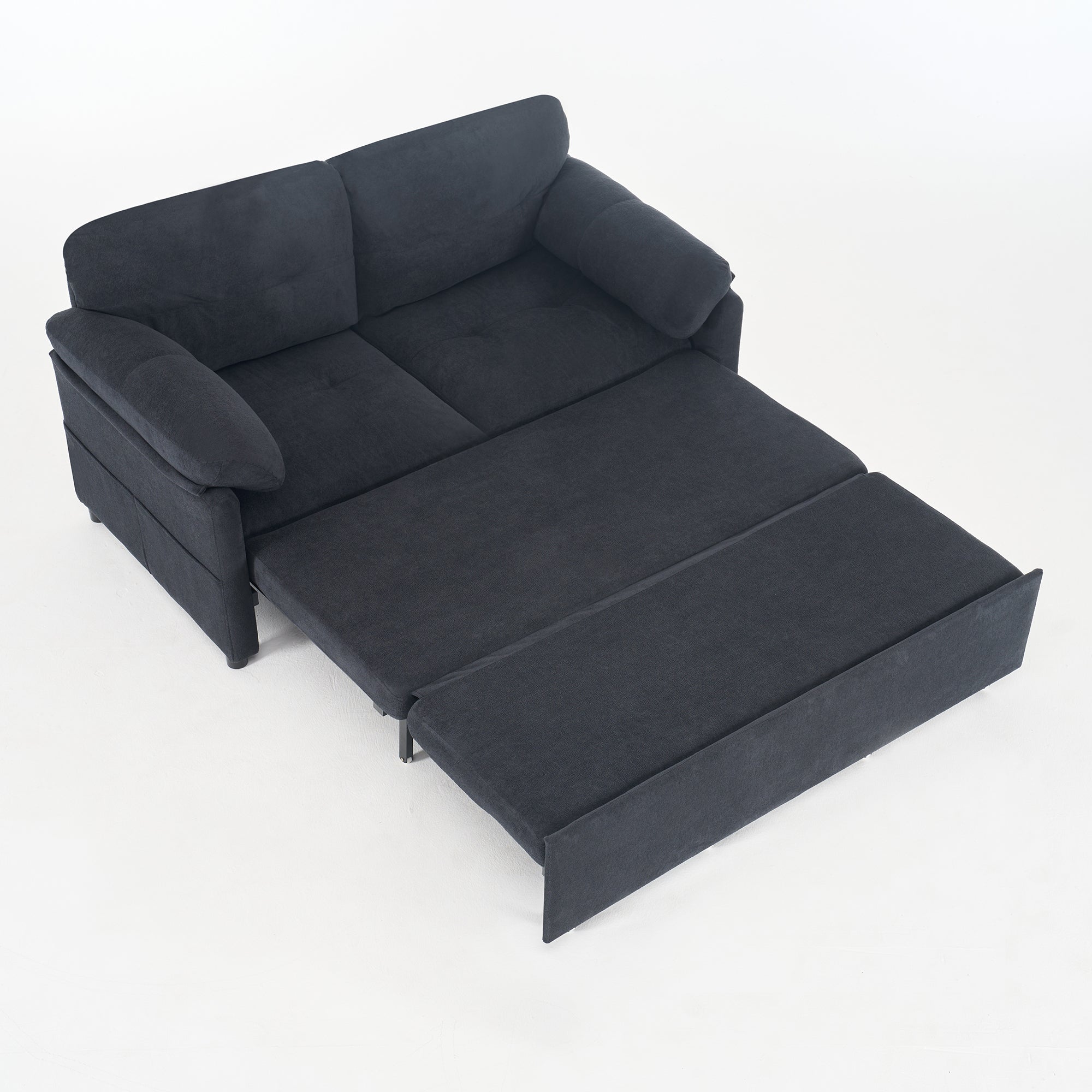 Convertible Pull Out Sofa Bed Queen Size, 3-in-1 Multi-Functional Loveseat in Black Chenille with Side Storage and Thick Cushions