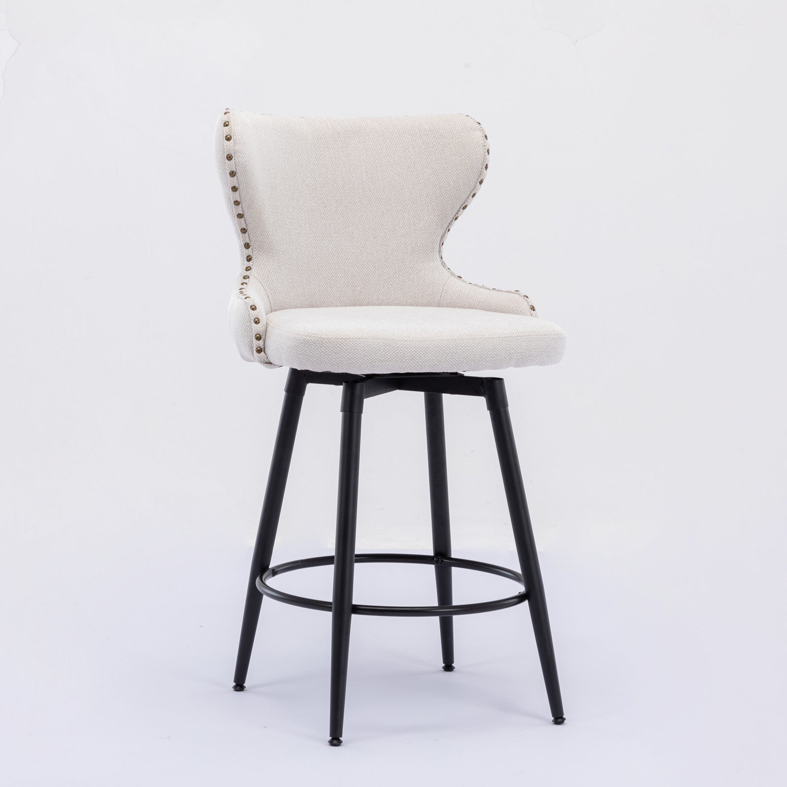 A&A Furniture,Counter Height 25" Modern Linen Fabric bar chairs,180° Swivel Bar Stool Chair for Kitchen,Tufted Cupreous Nailhead Trim Burlap Bar Stools with Metal Legs,Set of 2 (Beige)