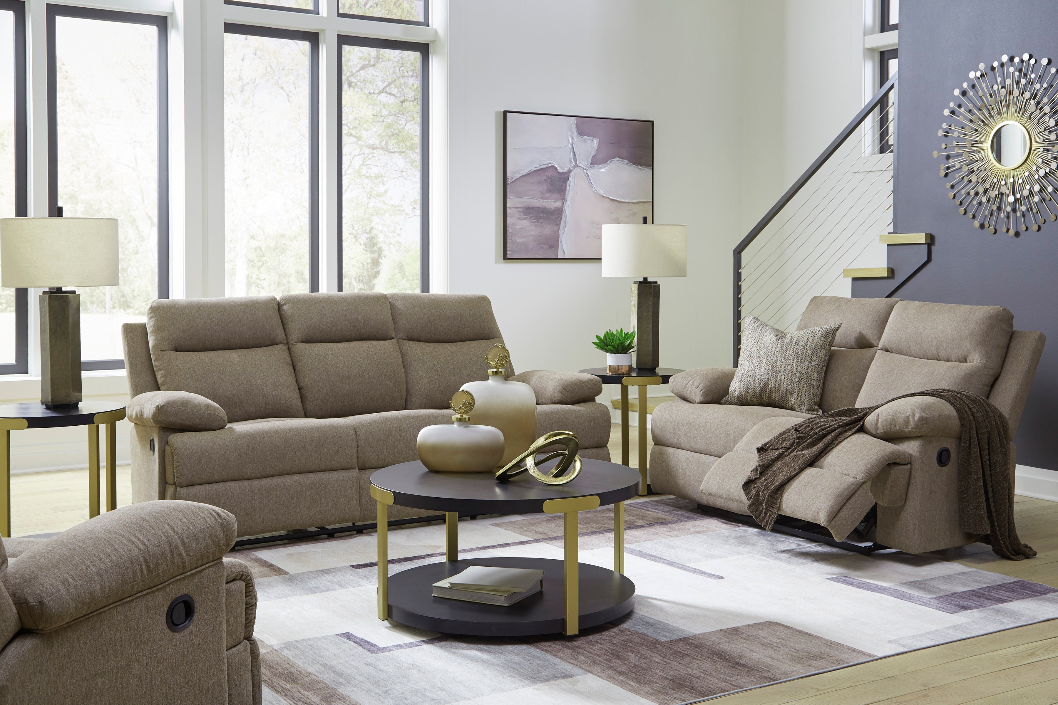 Ashley Side-Swipe Mocha Chenille Reclining Set with Drop-Down Table