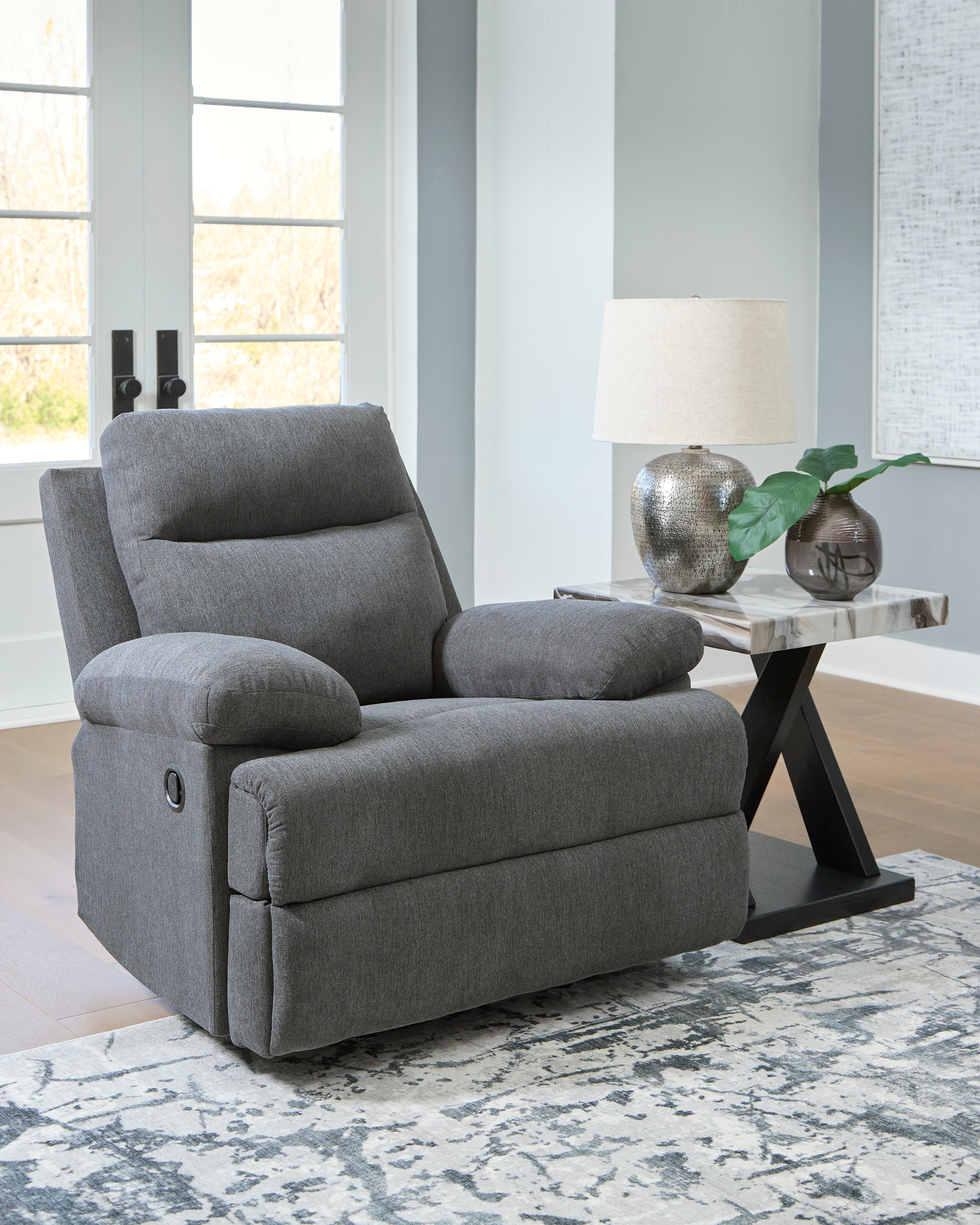 Ashley Side-Swipe Charcoal Chenille Reclining Set with Drop-Down Table, view 3