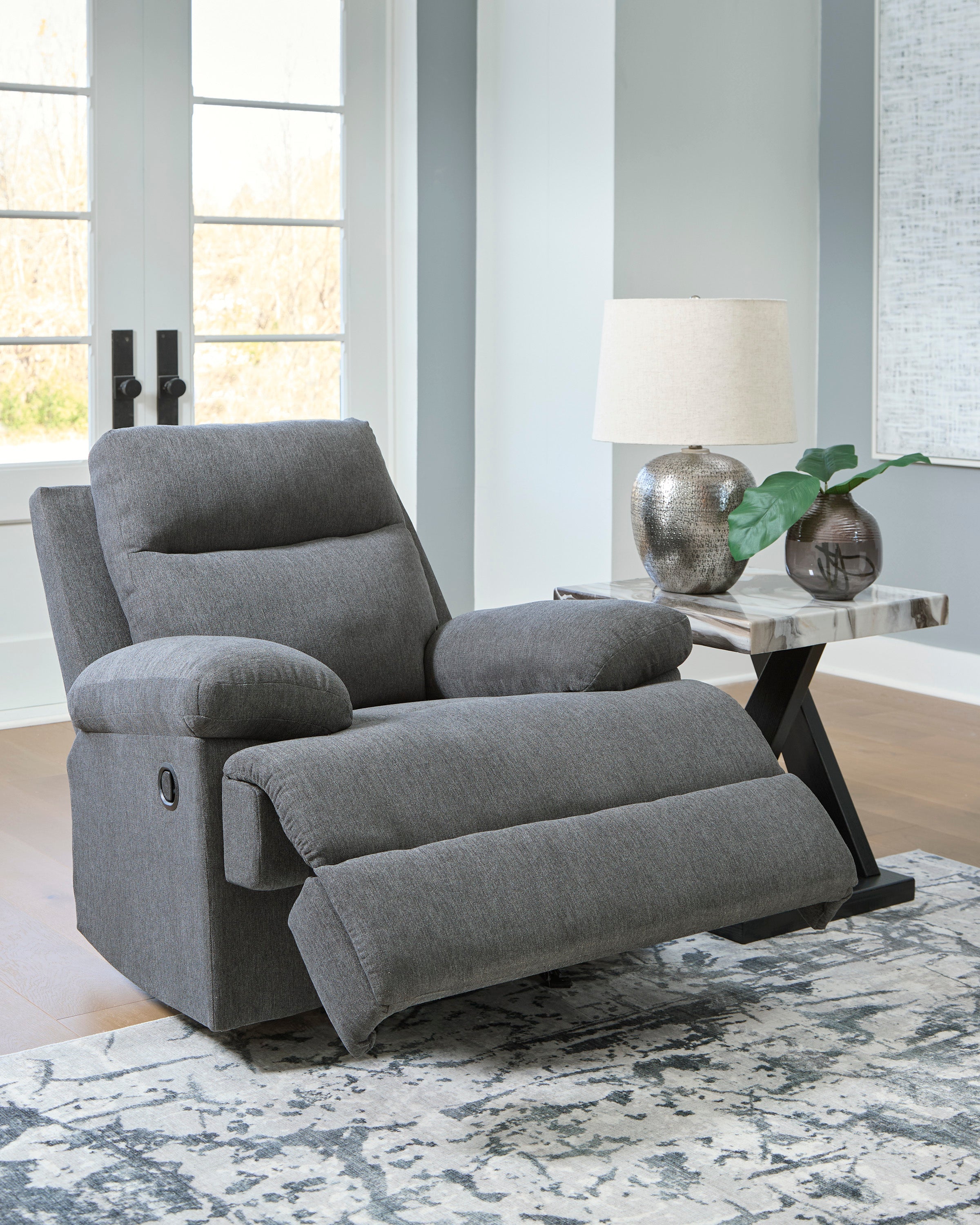 Ashley Side-Swipe Charcoal Chenille Reclining Set with Drop-Down Table, view 2