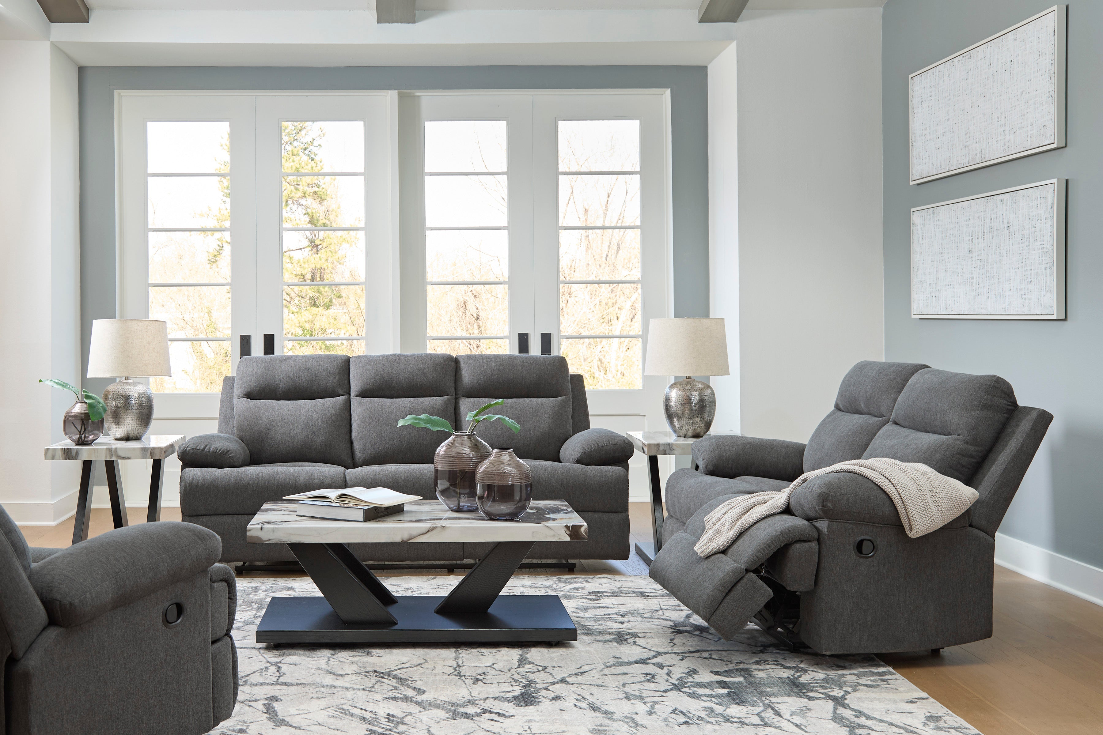 Ashley Side-Swipe Charcoal Chenille Reclining Set with Drop-Down Table