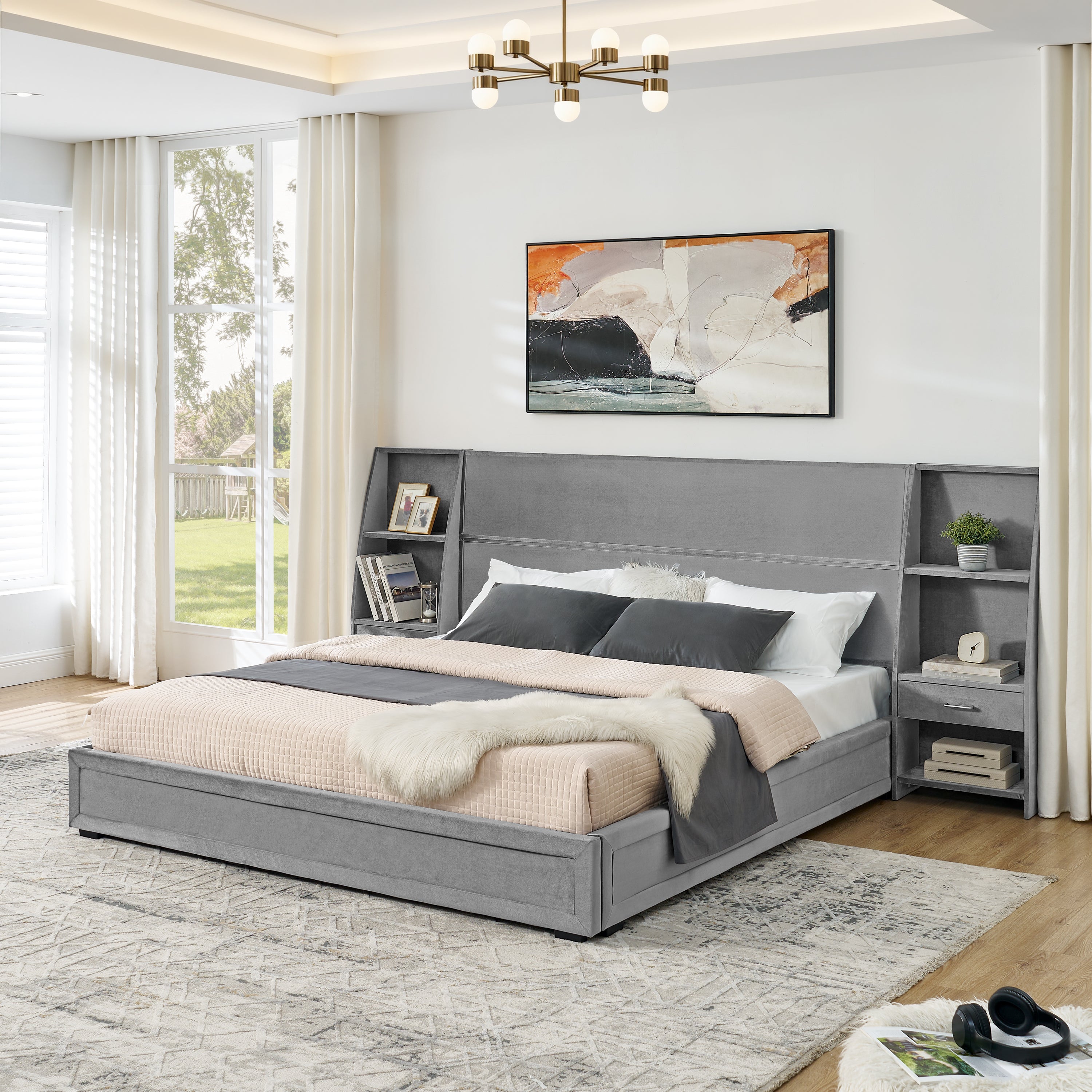King Size Modern Storage Platform Bed Frame, Glossy Velvet Headboard with Side Bookcases & Drawer, Mattress Excluded-Gray