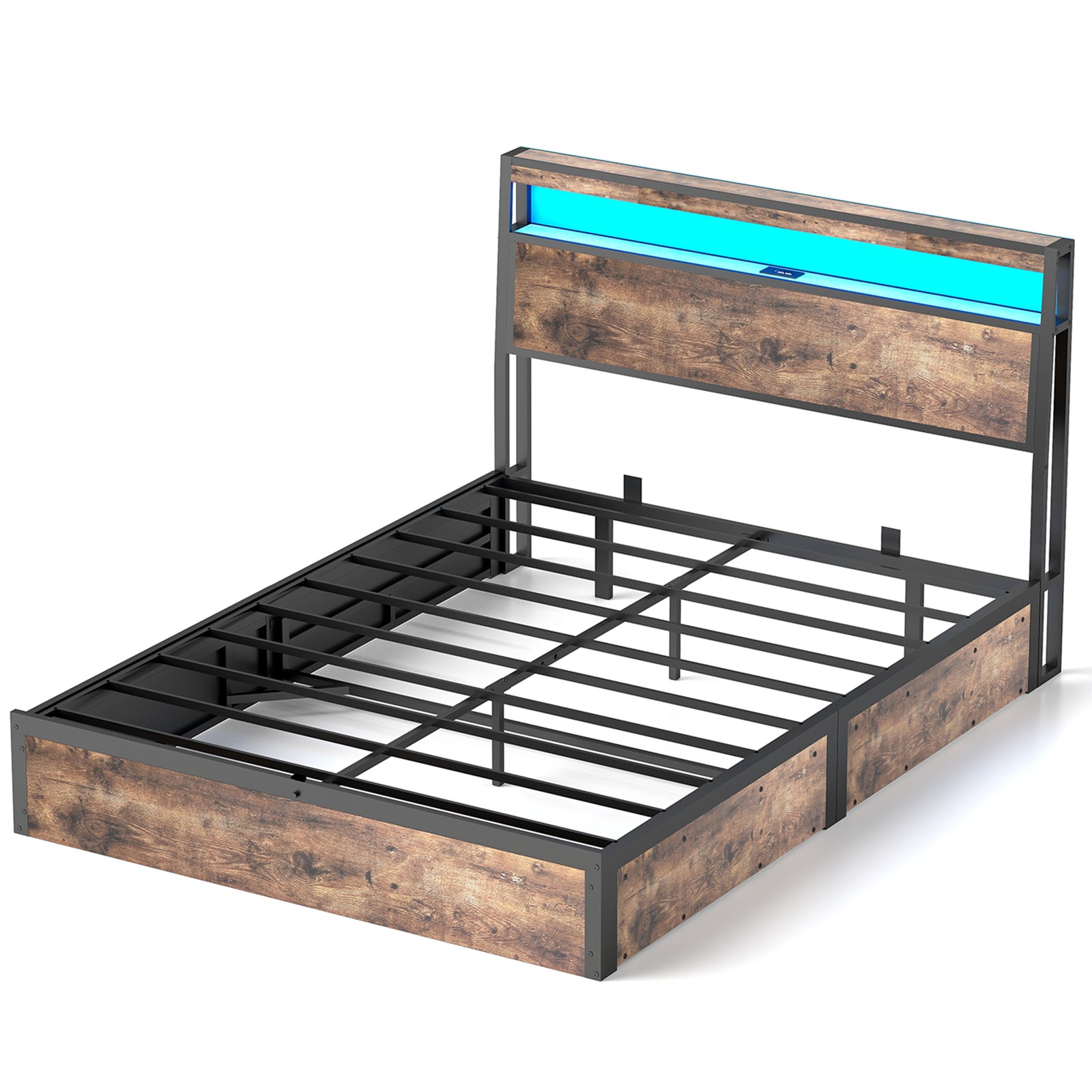 Rustic Brown Hydraulic Lift Storage Bed Frame with RGB LED Lights and Multi-Port Charging, Metal Noise-Free Structure, Fits 10-14 Inch Mattresses