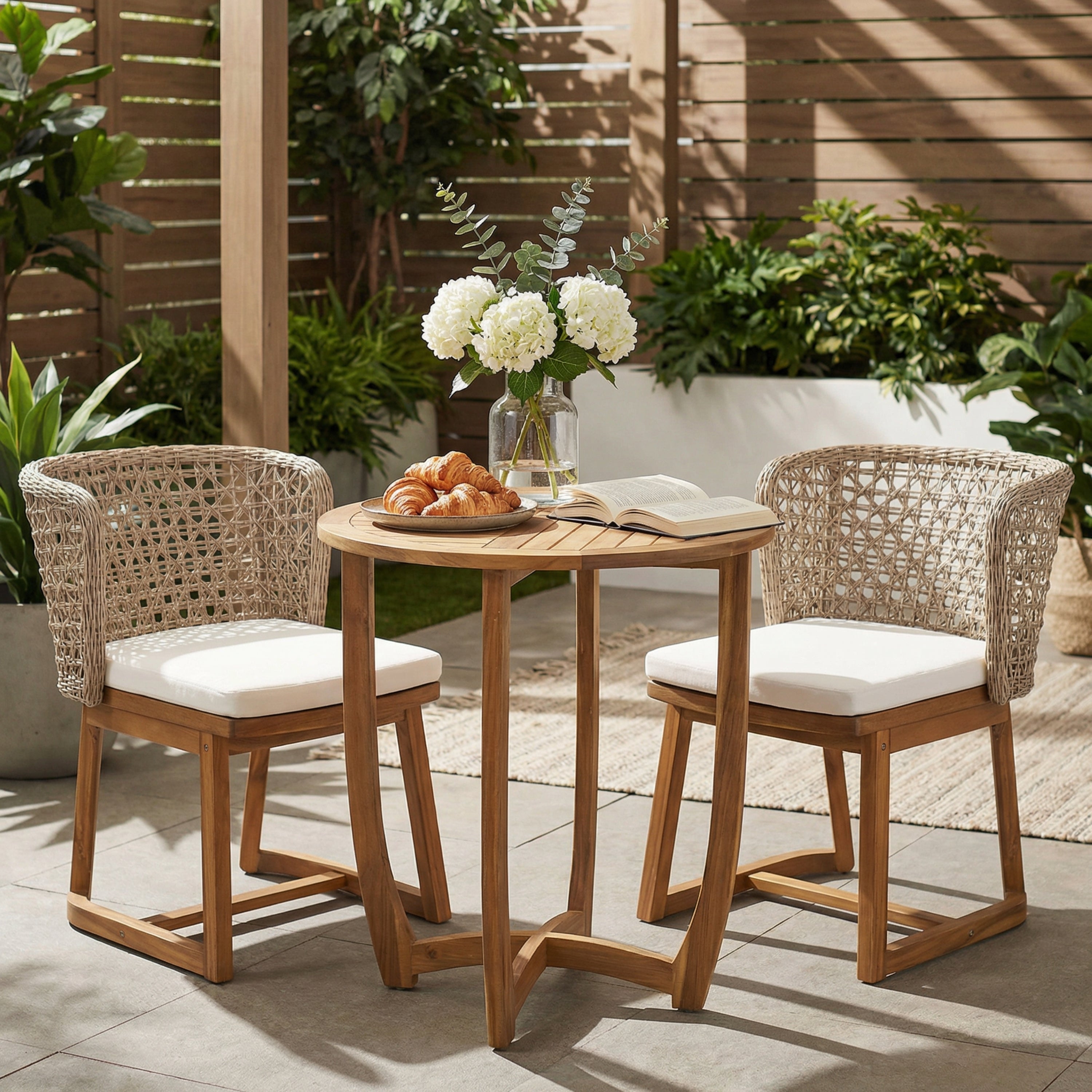 3-Piece Outdoor Dining Set, 27.5' Teak Finish Acacia Wood Round Accent Table & 2 Wicker Back Dining Chairs with Beige Cushion, Weather Resistant for Garden, Backyard, Patio