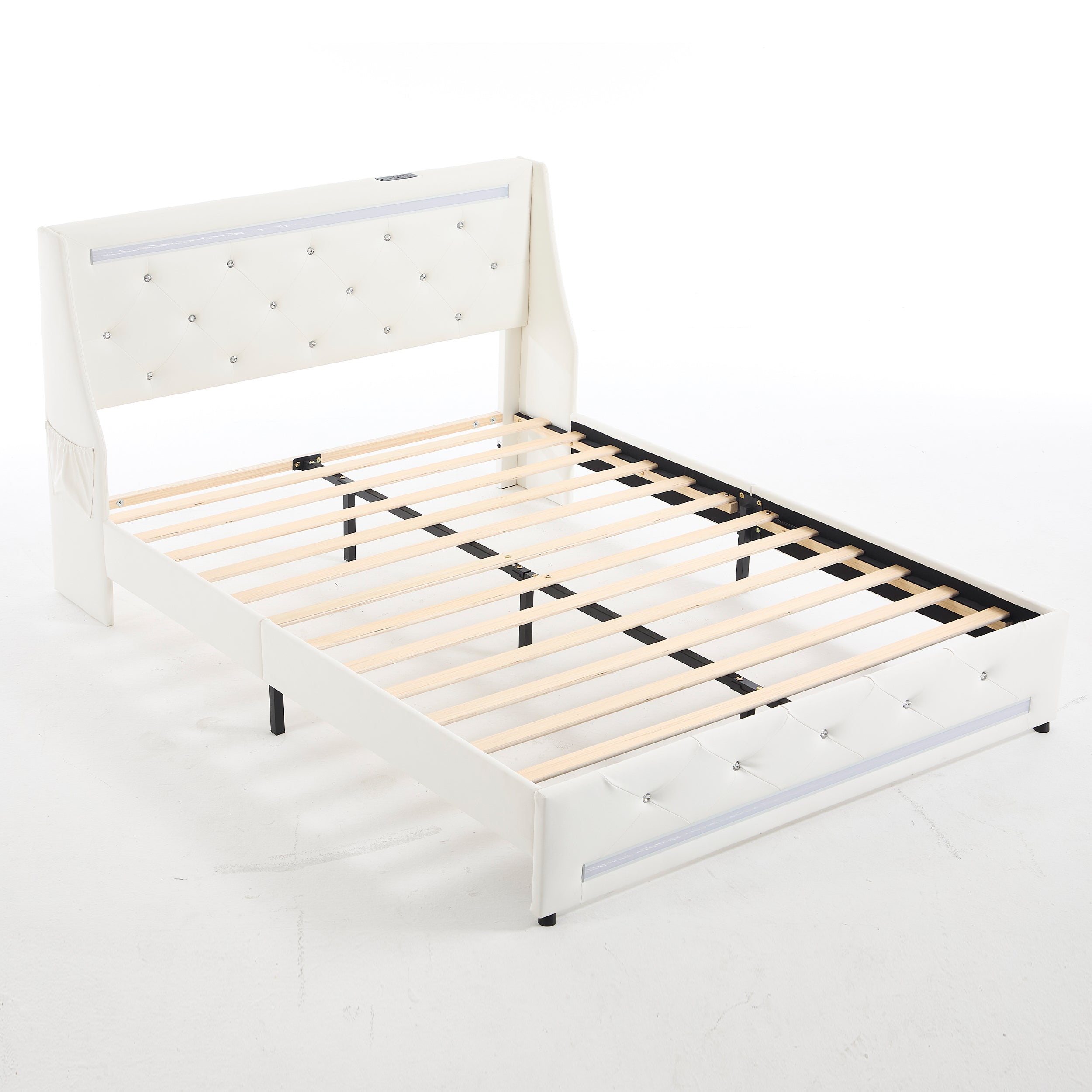 White Upholstered Queen Bed Frame with LED Lights, Charging Station, Diamond Headboard, Wooden Slats, Easy Assembly, No Box Spring Needed, Noise Free