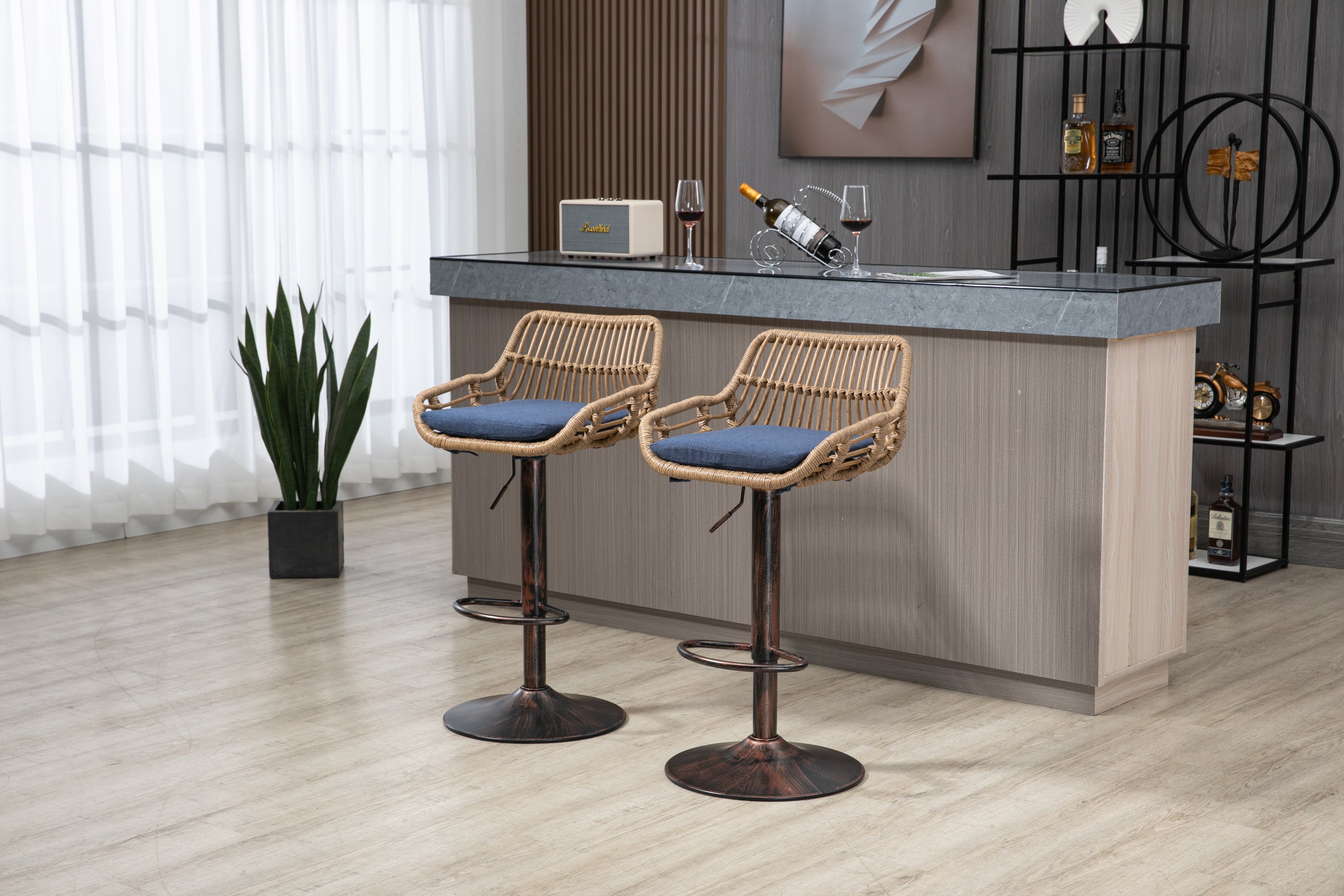 COOLMORE Modern Swivel Bar Stools Set of 2 Adjustable Counter Height Chairs with Footrest Blue Linen