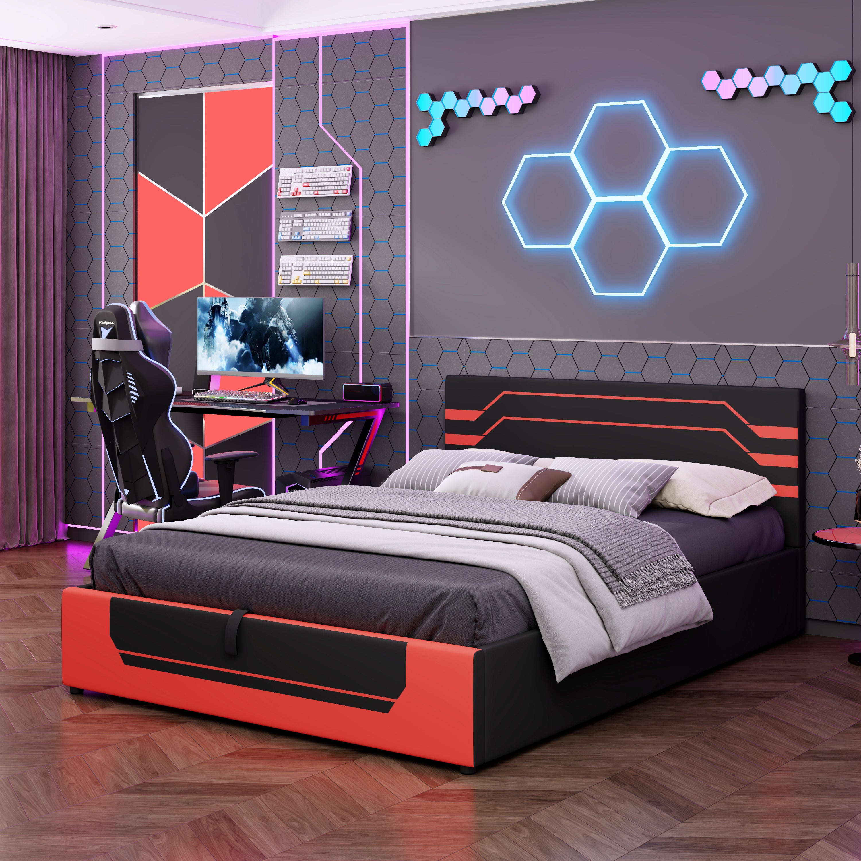 Modern Queen Size Hydraulic Storage Gaming Bed Frame, Esports Design with Cyberpunk Aesthetics, Platform Bed for Gamers & Gen Z Youth, Black+Red