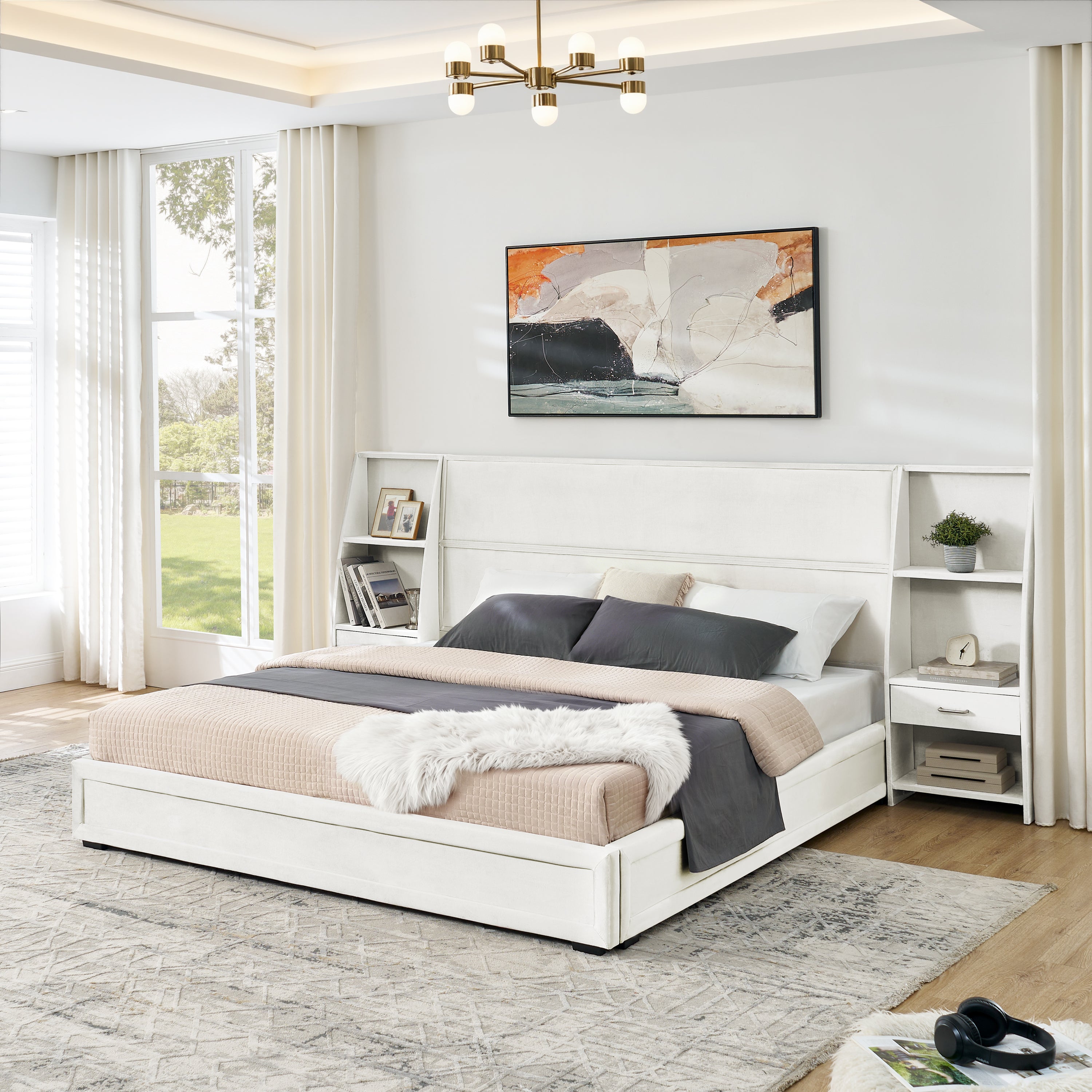 King Size Modern Storage Platform Bed Frame, Glossy Velvet Headboard with Side Bookcases & Drawer, Mattress Excluded-Beige