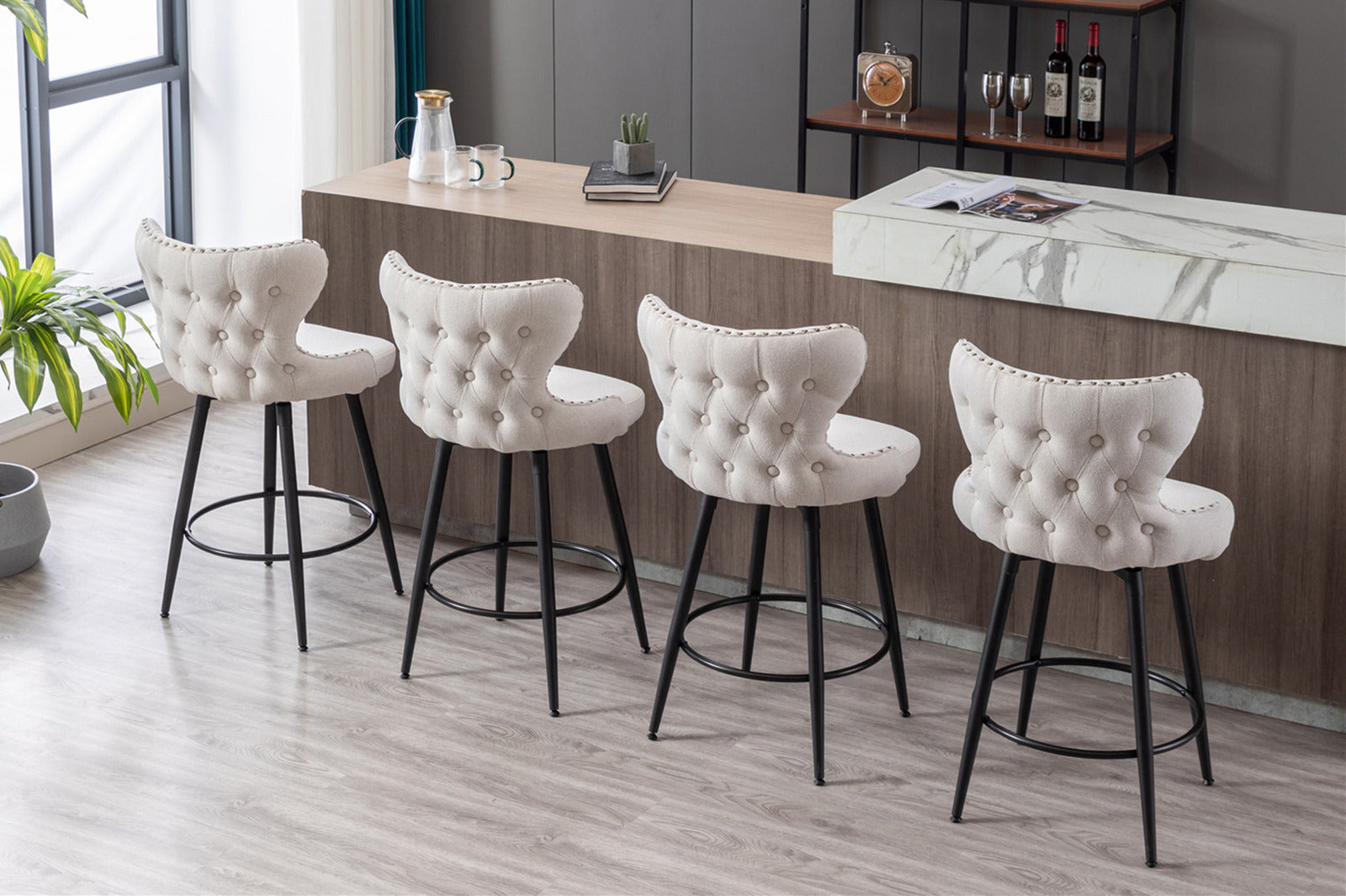 A&A Furniture,Counter Height 25" Modern Linen Fabric bar chairs,180° Swivel Bar Stool Chair for Kitchen,Tufted Cupreous Nailhead Trim Burlap Bar Stools with Metal Legs,Set of 2 (Beige)