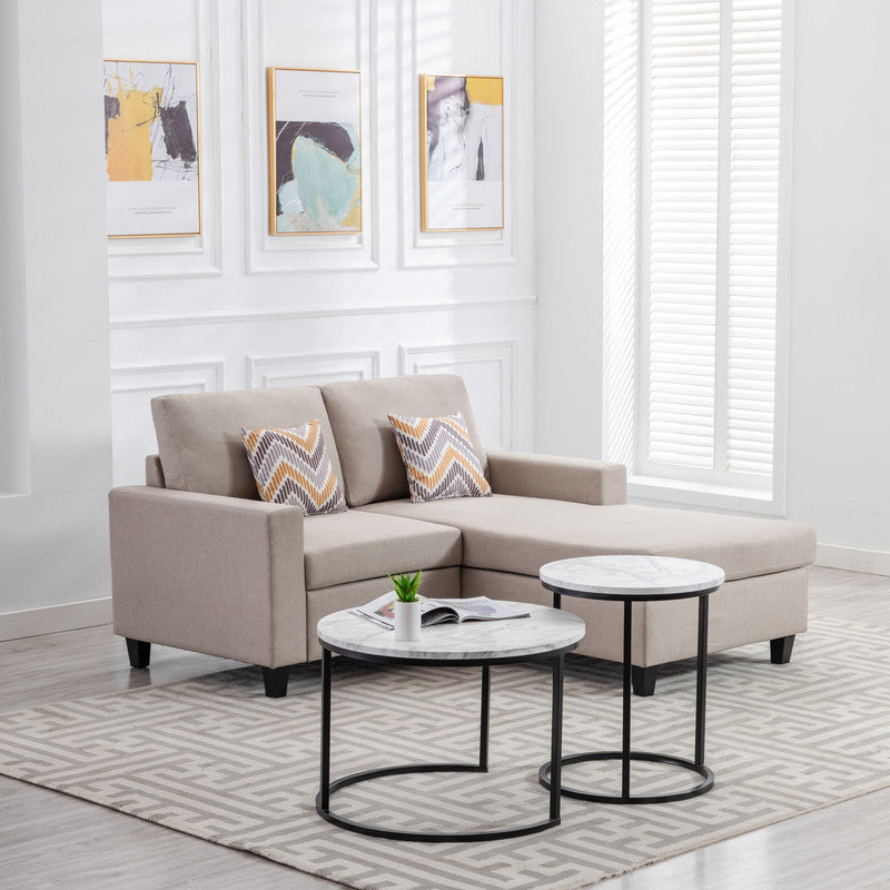 Nolan Beige Linen Fabric 2-Seater Reversible Sofa Chaise with Pillows and Interchangeable Legs