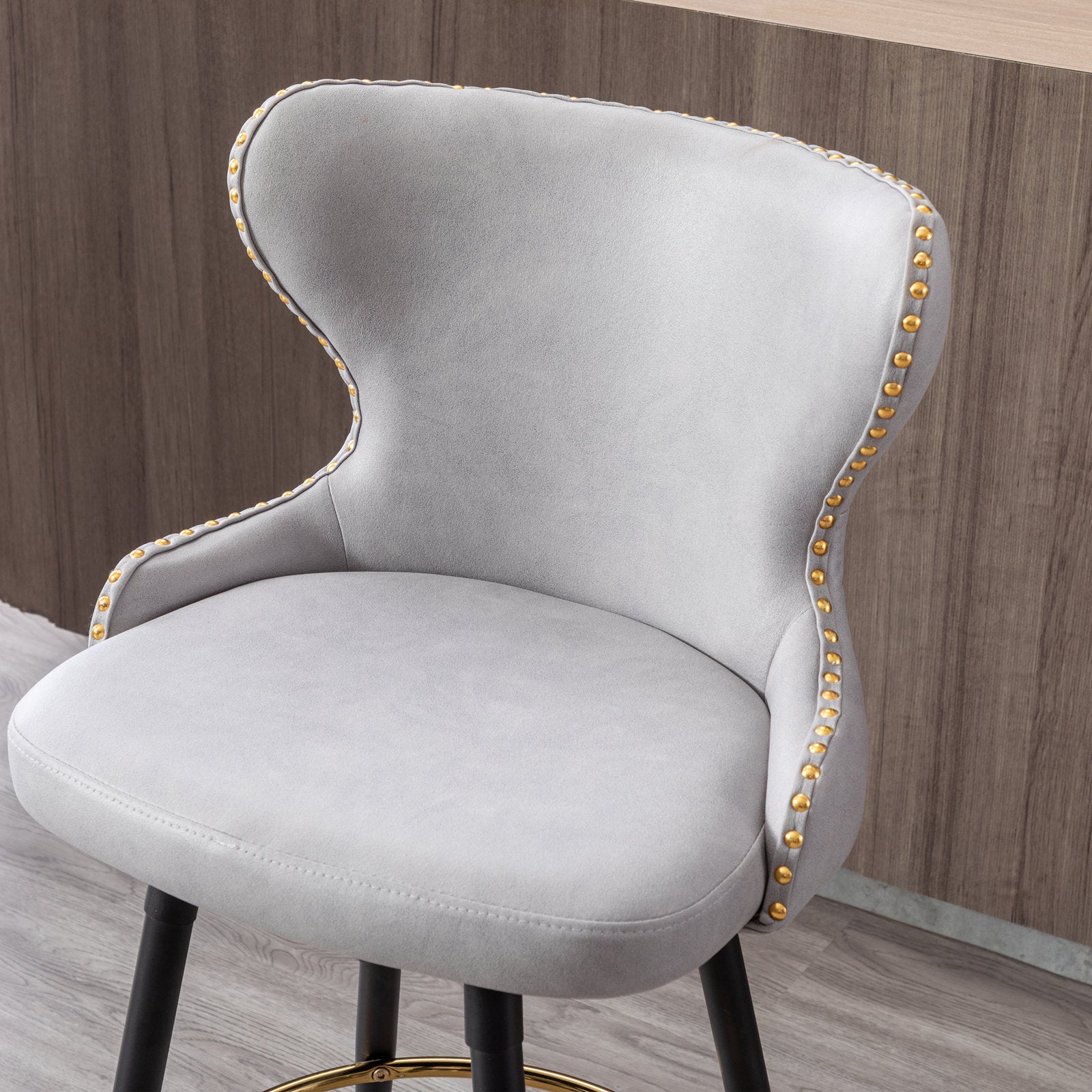 A&A Furniture,Counter Height 25" Modern Leathaire Fabric bar chairs,180° Swivel Bar Stool Chair for Kitchen,Tufted Gold Nailhead Trim Bar Stools with Metal Legs,Set of 2 (Light Gray)