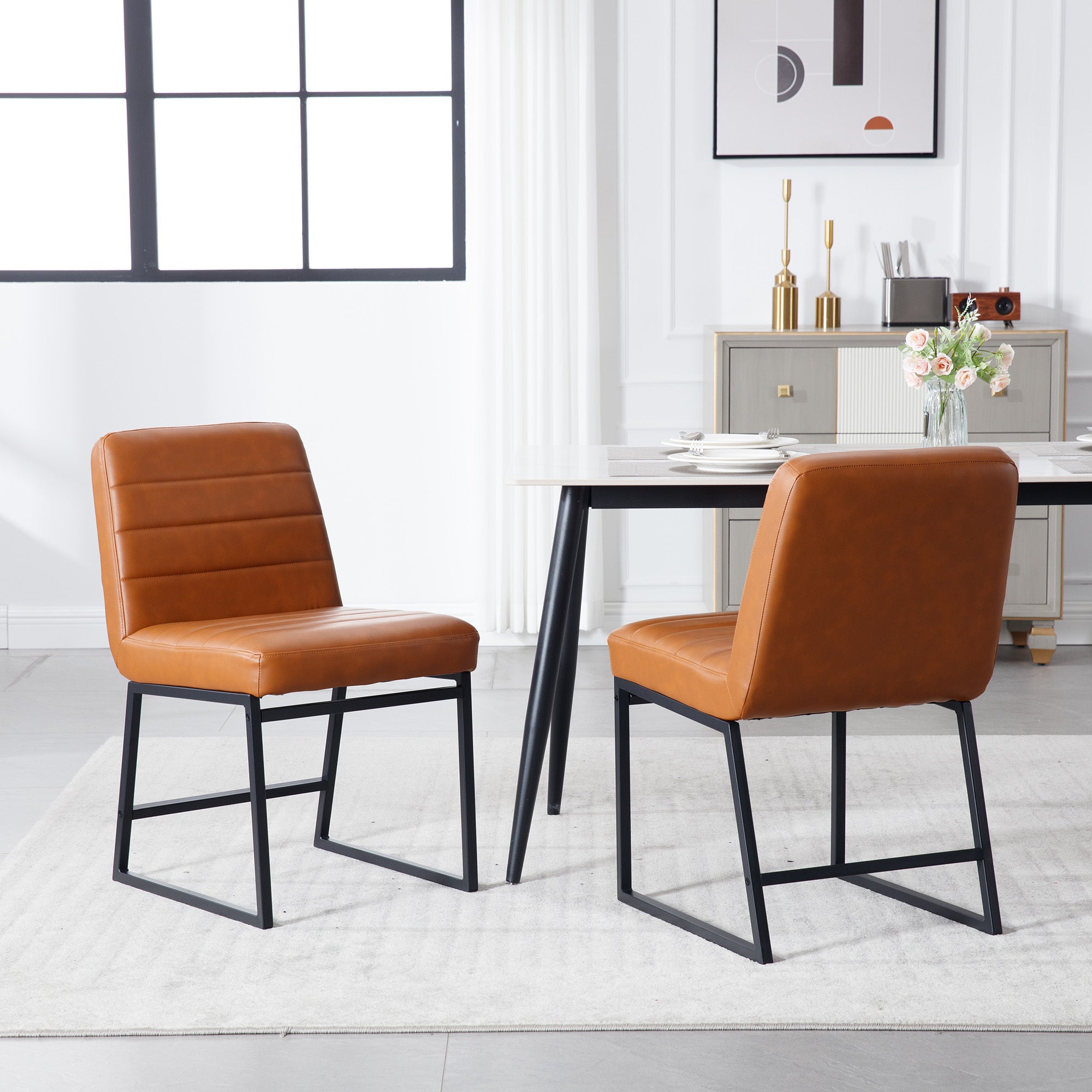 Upholstered Leather Dining Chairs Set of 2 With Metal Legs, Mid Century Modern Leisure Chairs for Kitchen Living Room Dining room Bistro Coffee Shop,Brown
