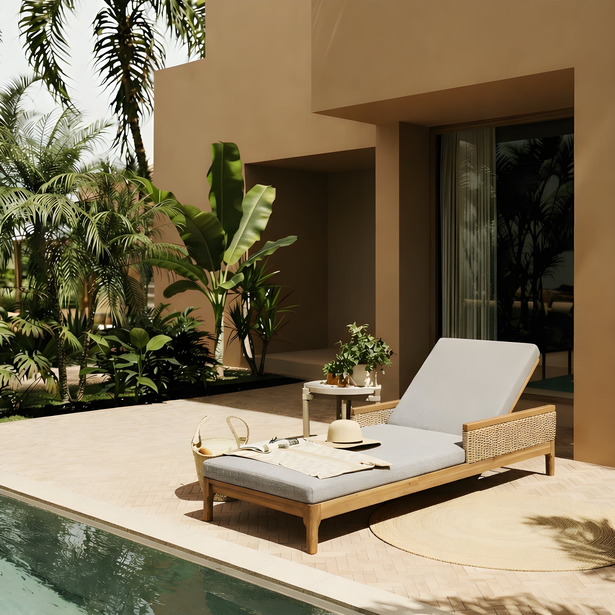Solid Acacia Wood Sun Chaise Lounger with Grey Cushions and Light Grey Wicker, 76.8' Outdoor Patio Furniture for Garden, Deck, Poolside Relaxation,Natural +Light Grey Wicker