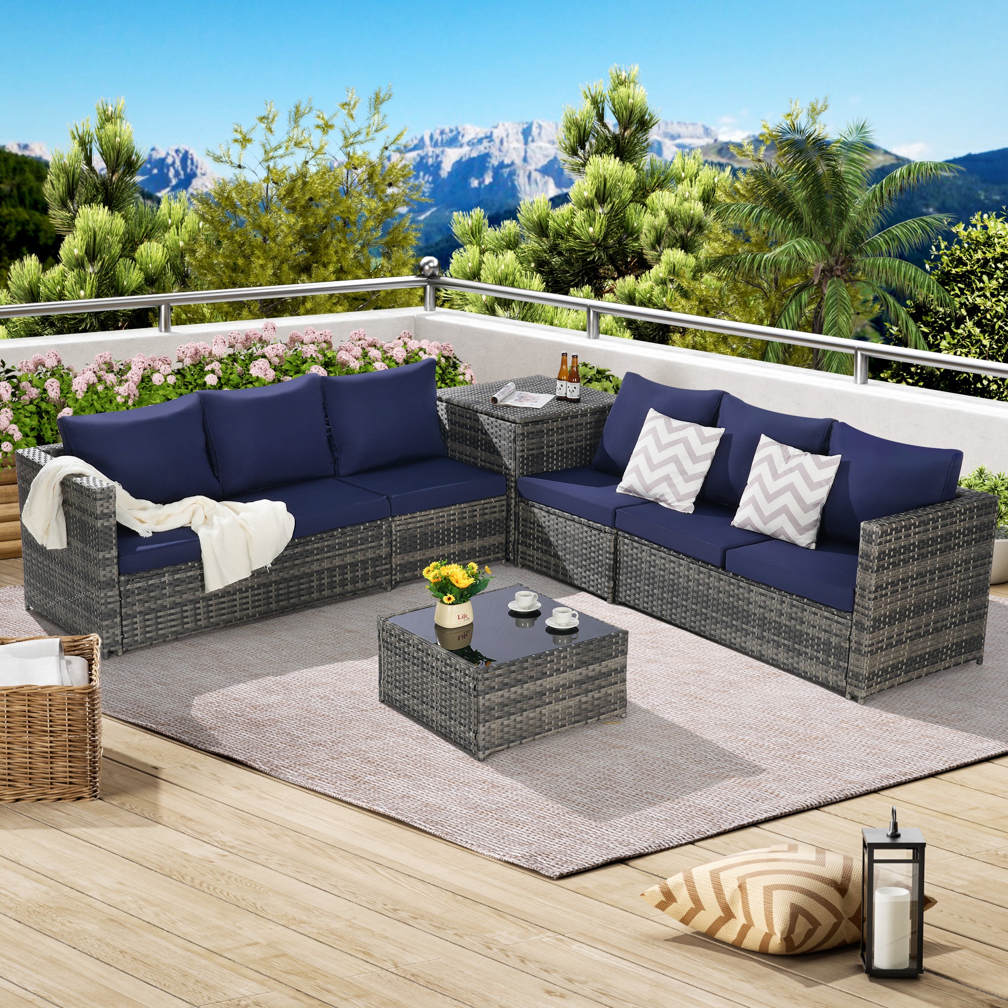 6 Pieces Patio Furniture Set,Outdoor Woven Sectional L- Shaped Patio Furniture ,Wicker Conversation Set with corner table&Glass Top Table for Backyard Poolside
