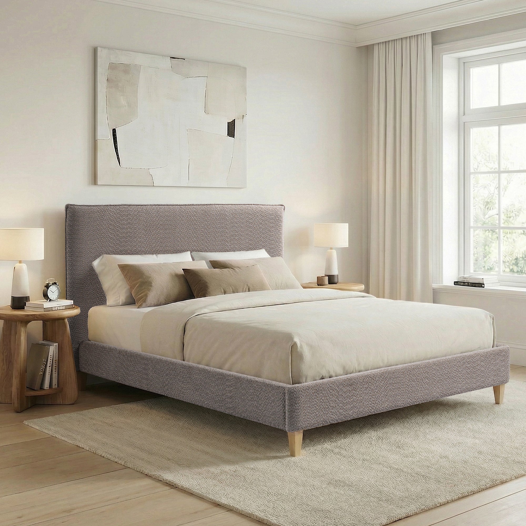 Upholstered Bed Frame with Modern Boucle Headboard, Queen Size, Minimalist, Platform Bed, No Box Spring Required, Bed Frame Wood Slats, 70.5' x 87.25' x 46.5'