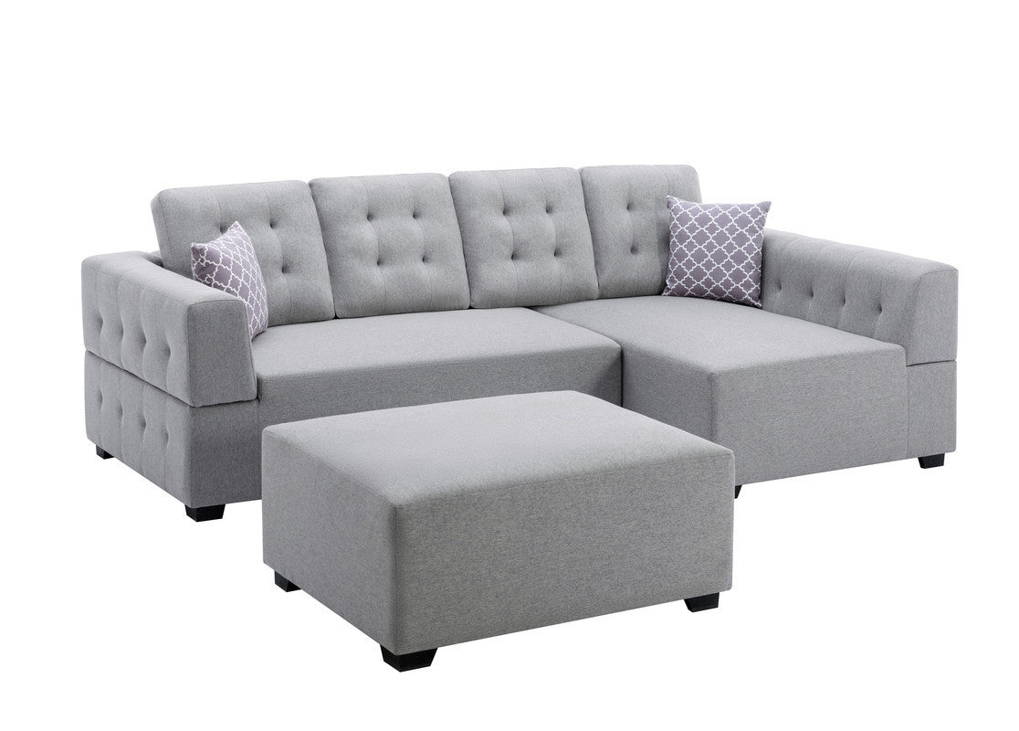 Ordell Light Gray Linen Fabric Sectional Sofa with Right Facing Chaise Ottoman and Pillows