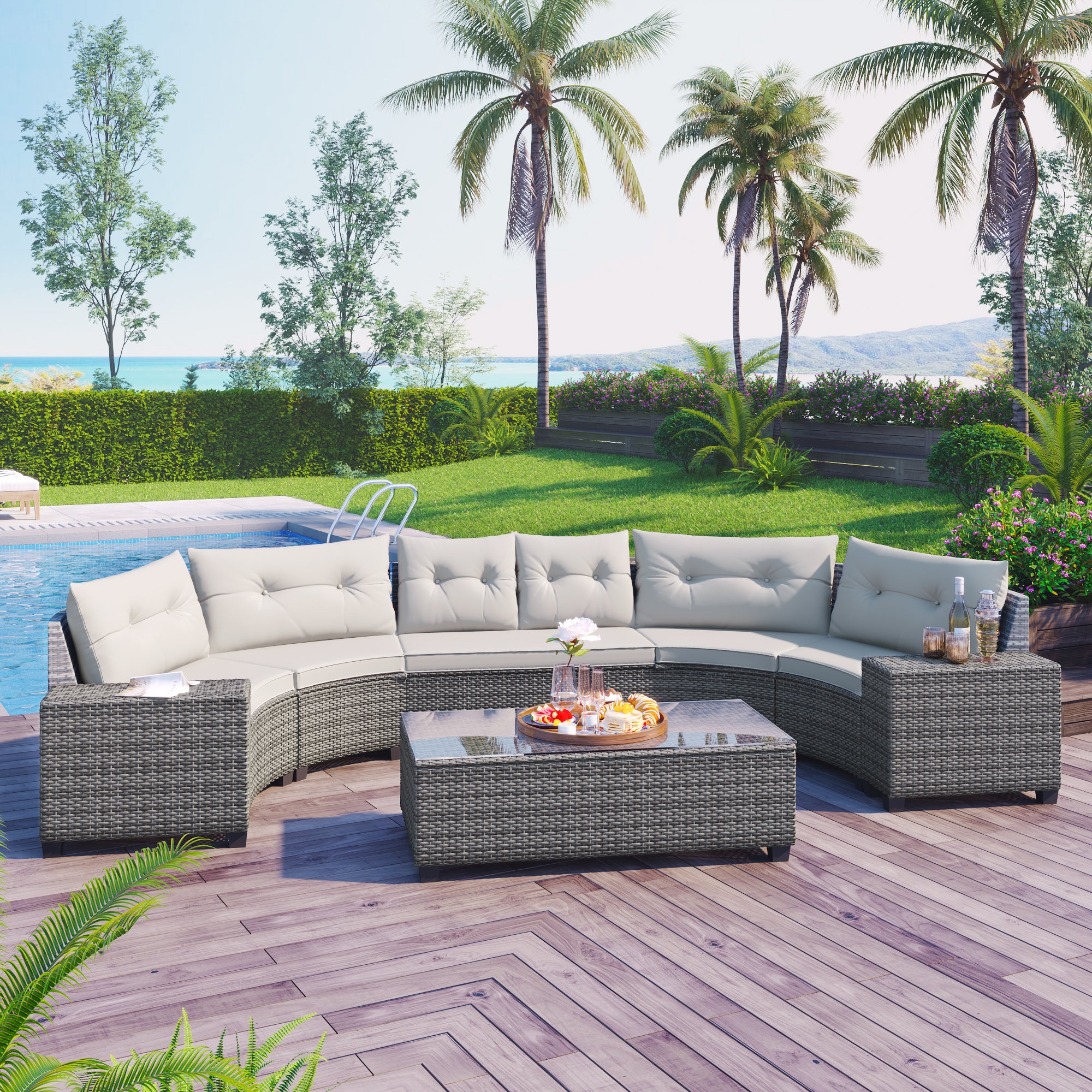 <Old SKU: FG201215AAA> 8-pieces Outdoor Wicker Round Sofa Set, Half-Moon Sectional Sets All Weather, Curved Sofa Set With Rectangular Coffee Table, PE Rattan, Movable Cushion, Beige