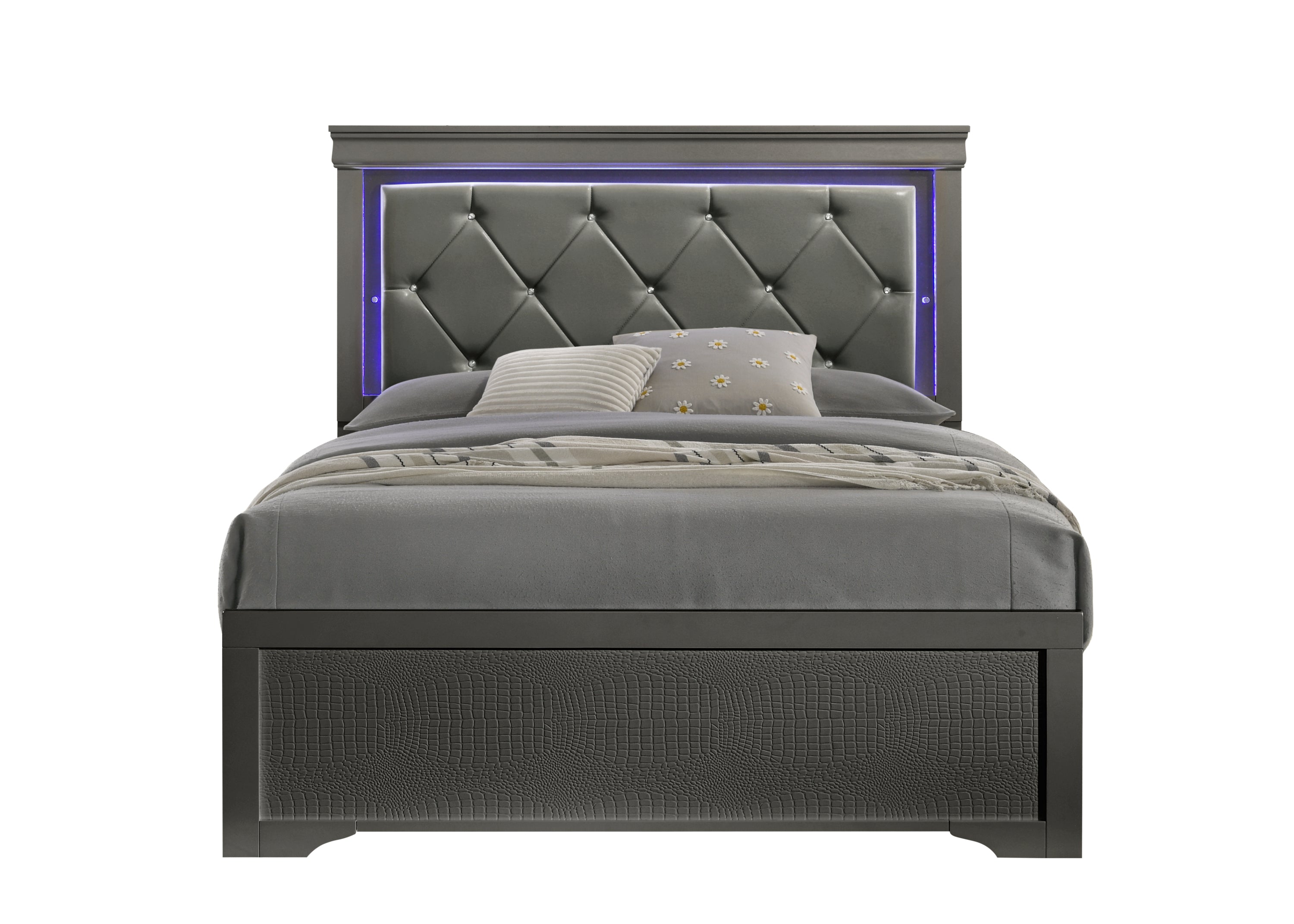 Blaze Upholstered Modern Style Full Bed Made with LED Headboard & Wood in Metallic Gray(CA INVENTORY)