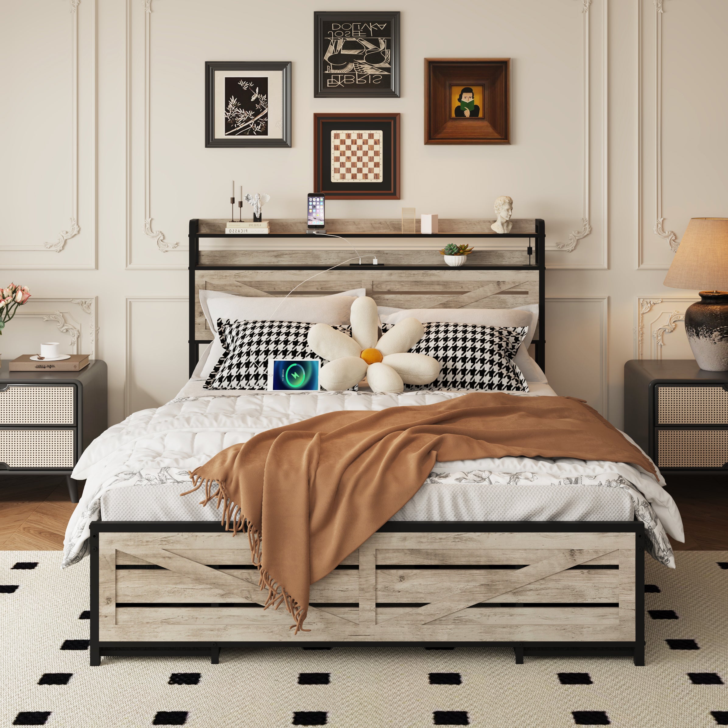 Full-size bed frame with storage headboard and 12 drawers with LED lights, metal platform with anti-slip and noiseless mattress support, sturdy metal slat support,Gray