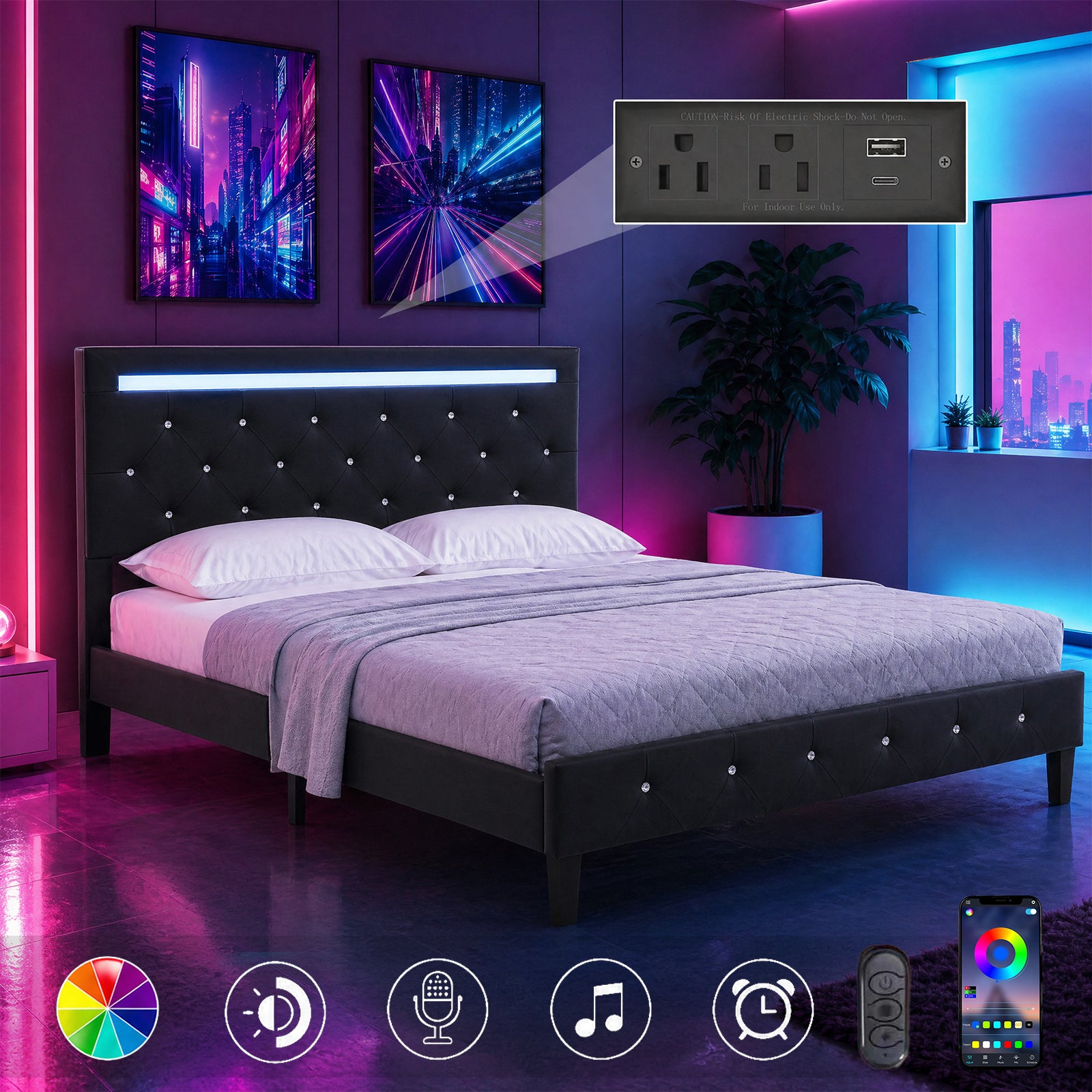 Queen Size Bed Frame with LED Light and Charging Station, Faux Leather Upholstered Platform Bed with Handcrafted Crystal Button Adjustable Headboard, No Box Spring Needed, Solid Wooden Slats, Black