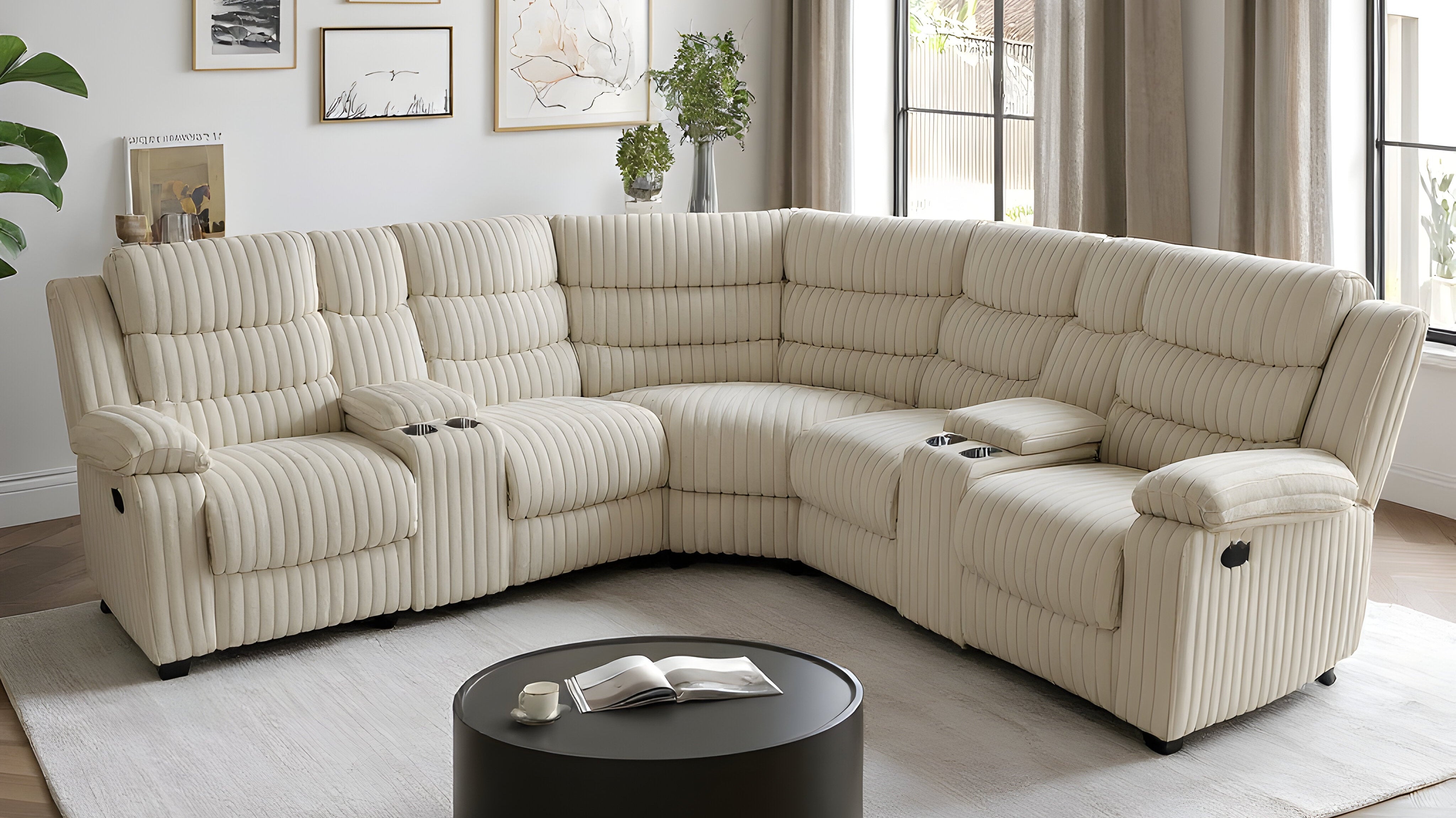 Calantha Cream Corduroy Reclining Sectional with Storage Consoles