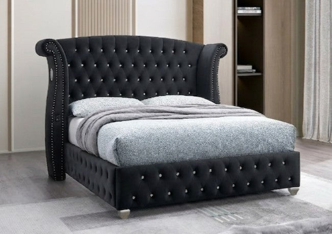 Divina Black Velvet Tufted Bed with Bluetooth Speaker, view 2