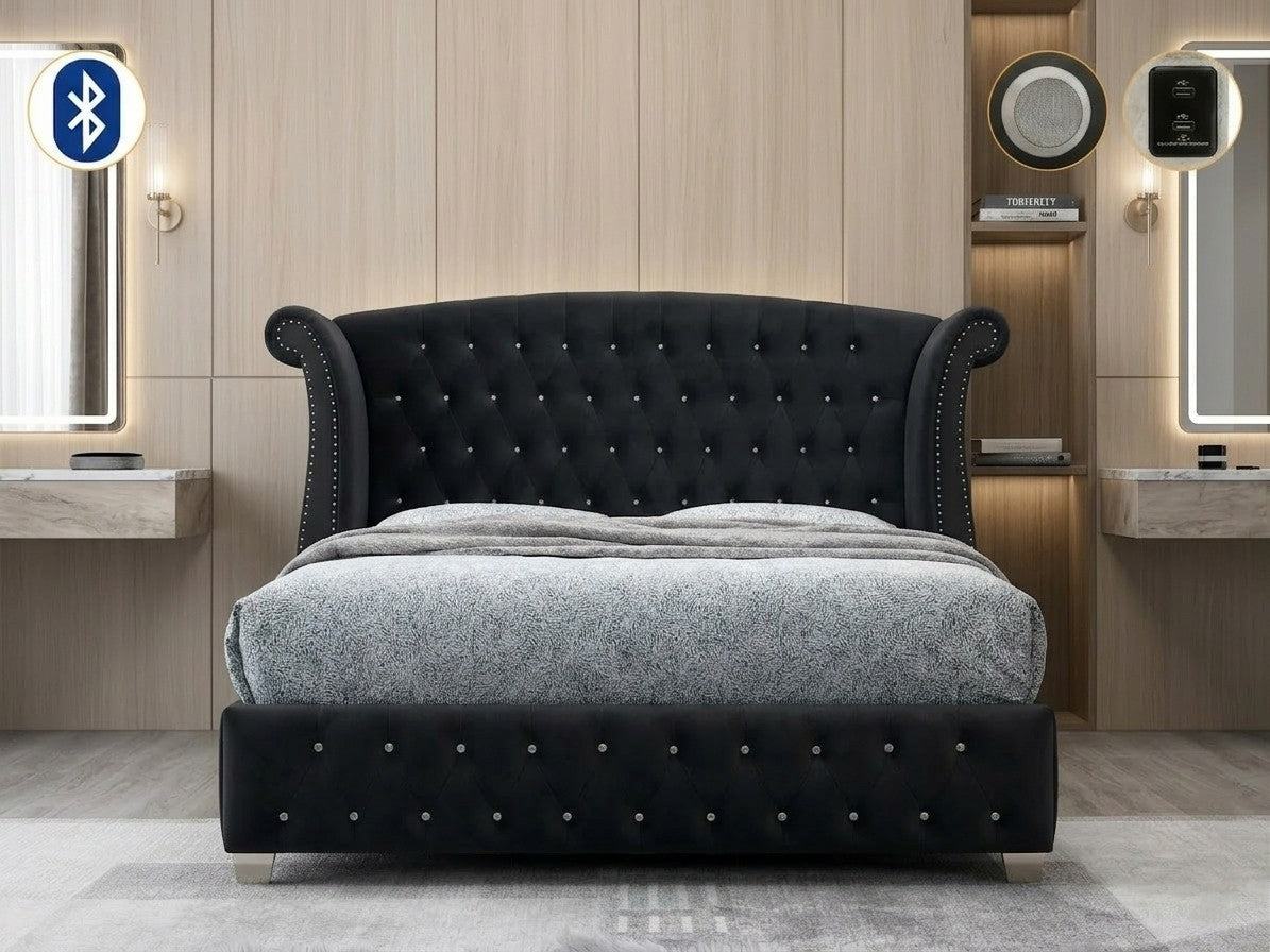 Divina Black Velvet Tufted Bed with Bluetooth Speaker
