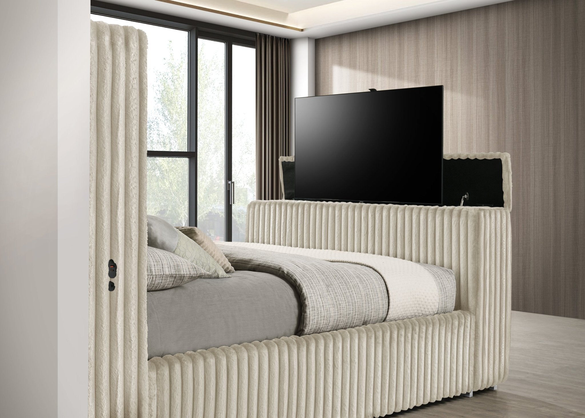 Henley Cream Corduroy Bed with Fireplace and TV Lift, view 2