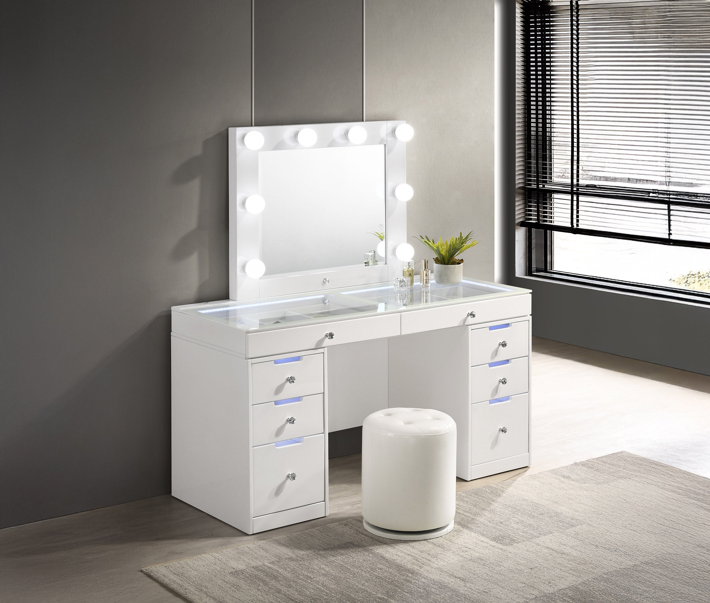 Luxo White Lighted Vanity Set with Mirror and Stool