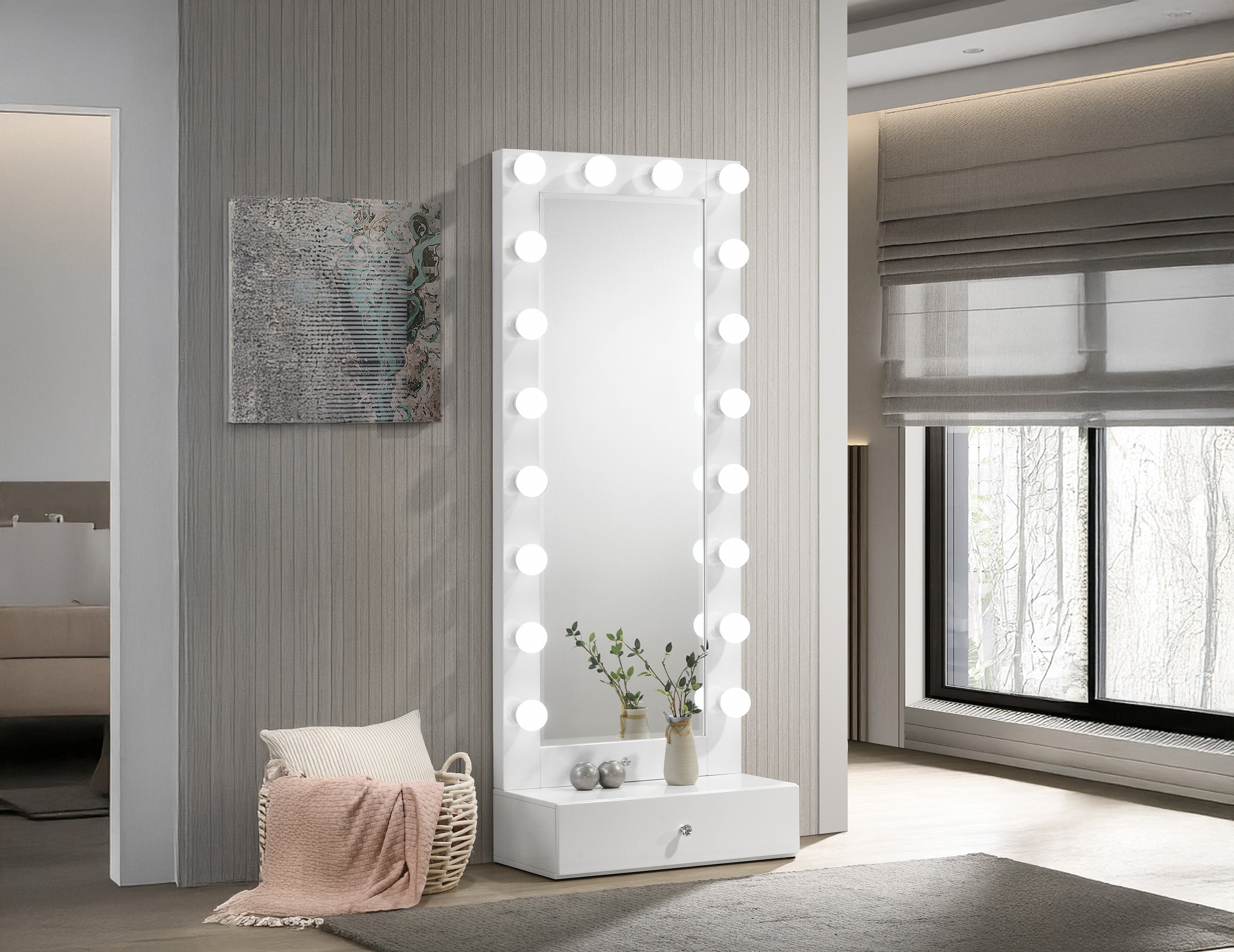 Luxo White Tall Lighted Mirror with Drawer