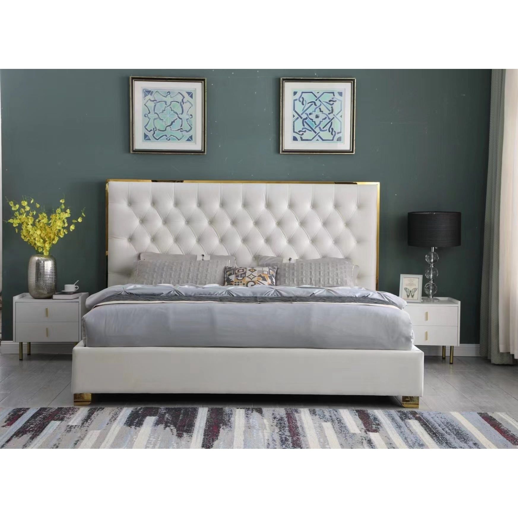 Rose Cream Velvet Tufted Bed with Gold Accents, view 2