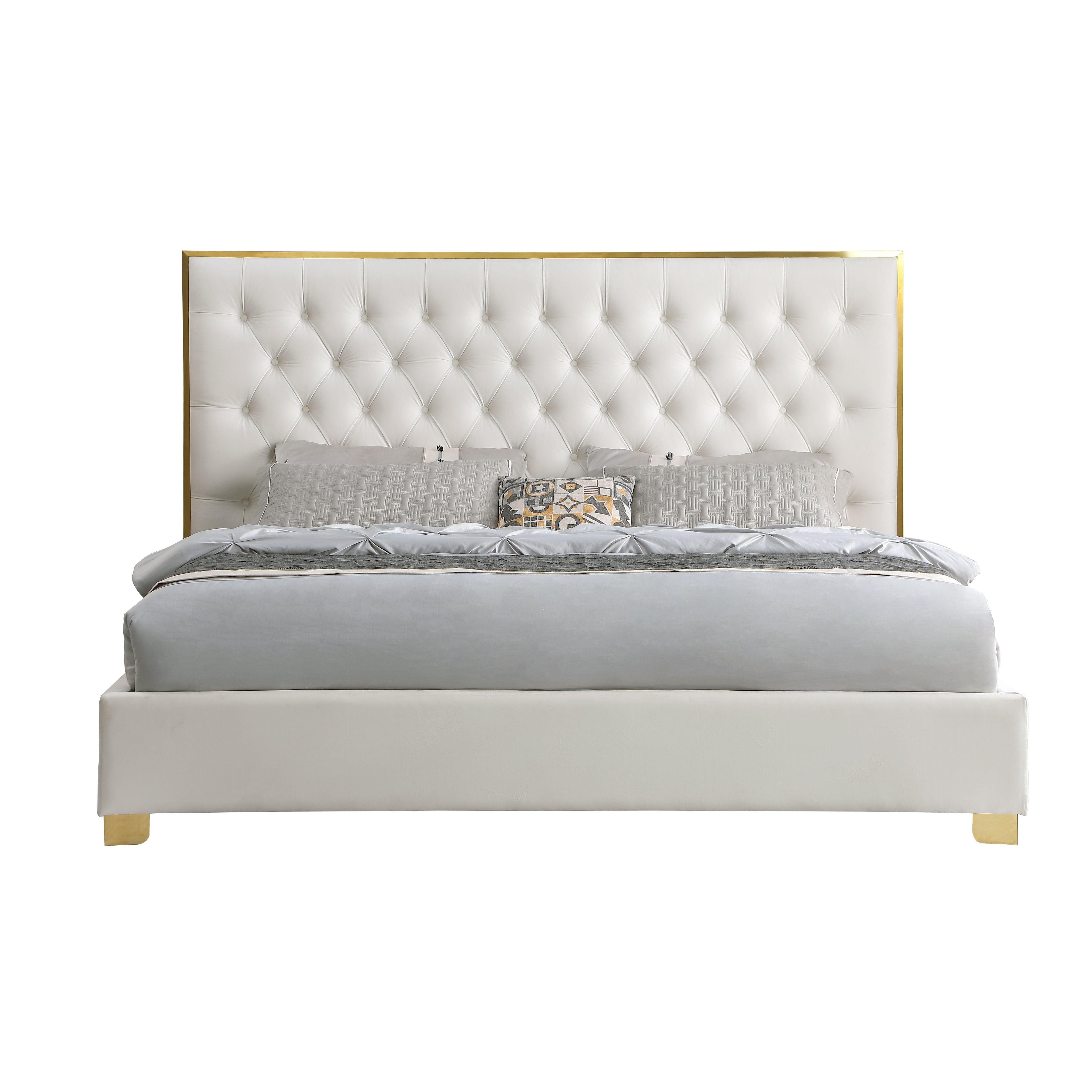 Rose Cream Velvet Tufted Bed with Gold Accents, view 3