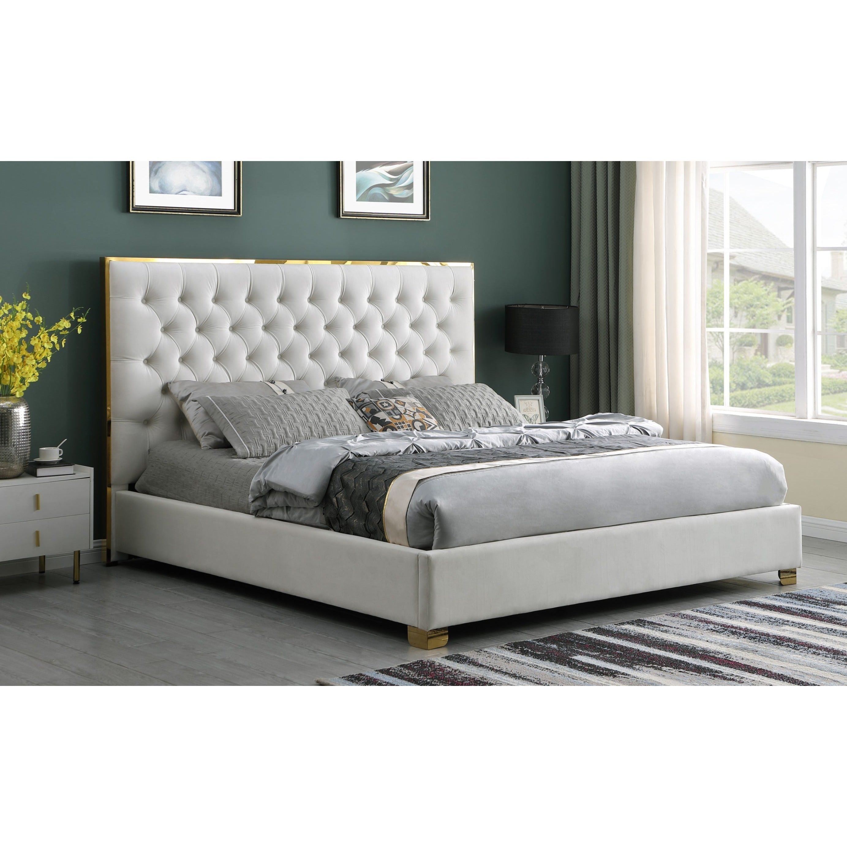 Rose Cream Velvet Tufted Bed with Gold Accents