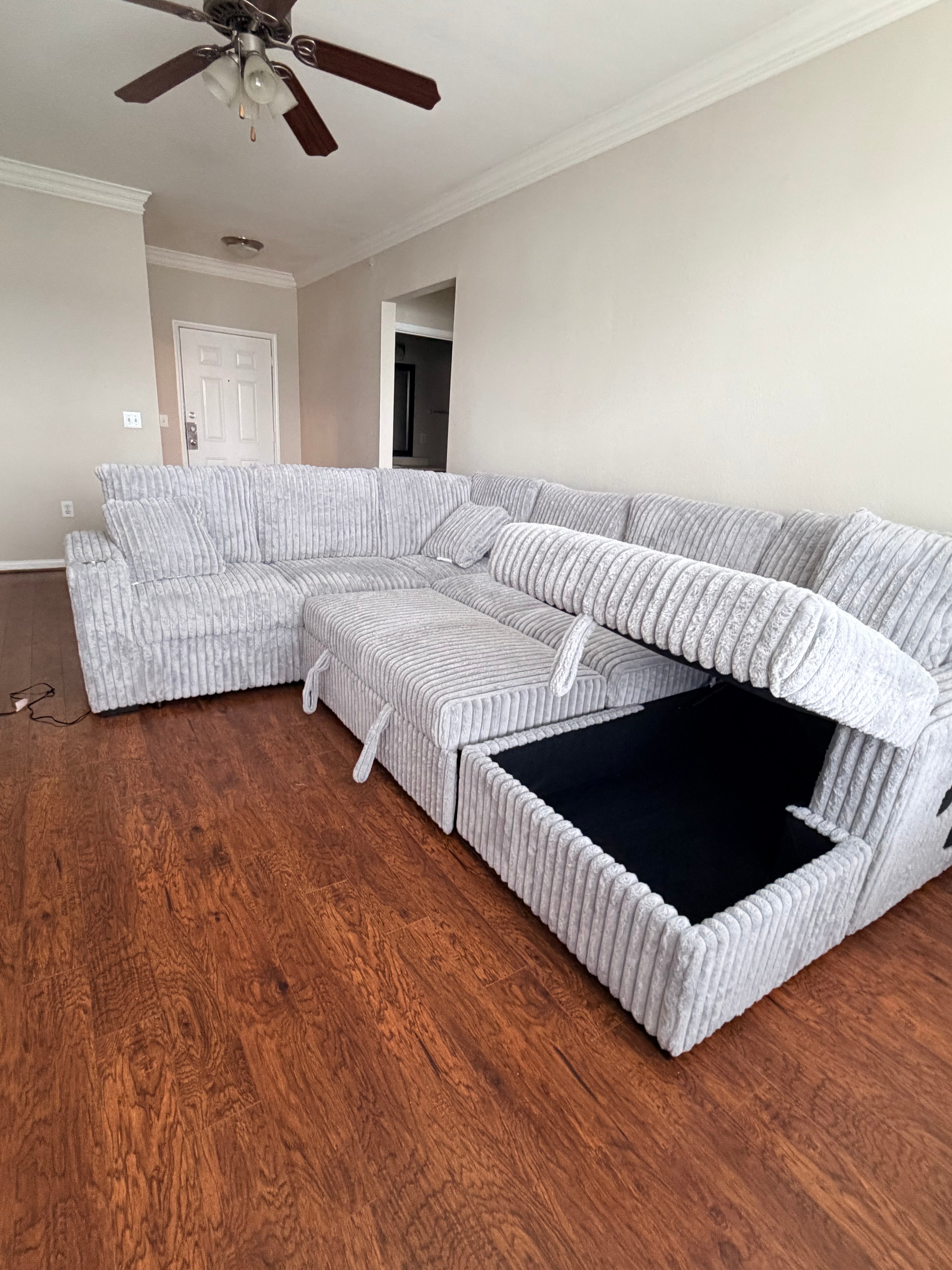 BLUETOOTH SPEAKERS 3PC GRAY CORDUROY OVERSIZED SECTIONAL
