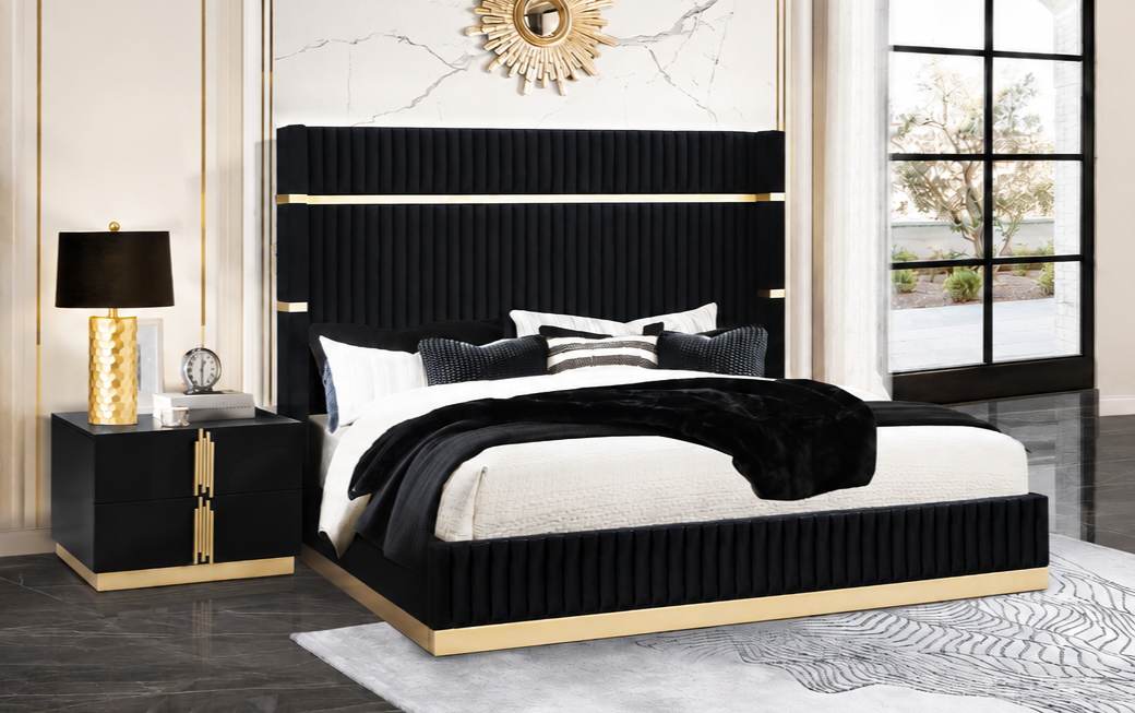 Evon Black Channel-Tufted Bed with Gold Trim, view 3