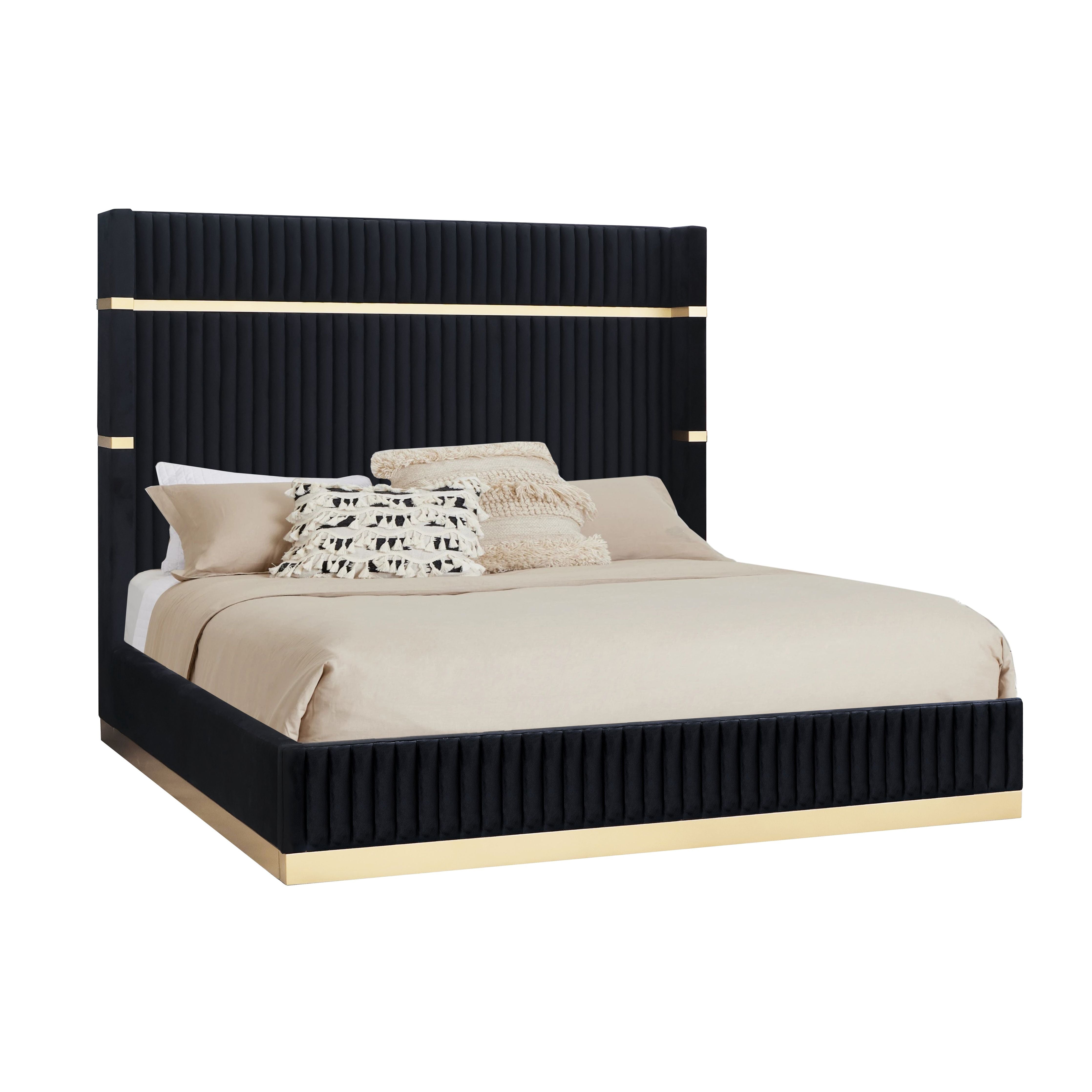 Evon Black Channel-Tufted Bed with Gold Trim, view 2