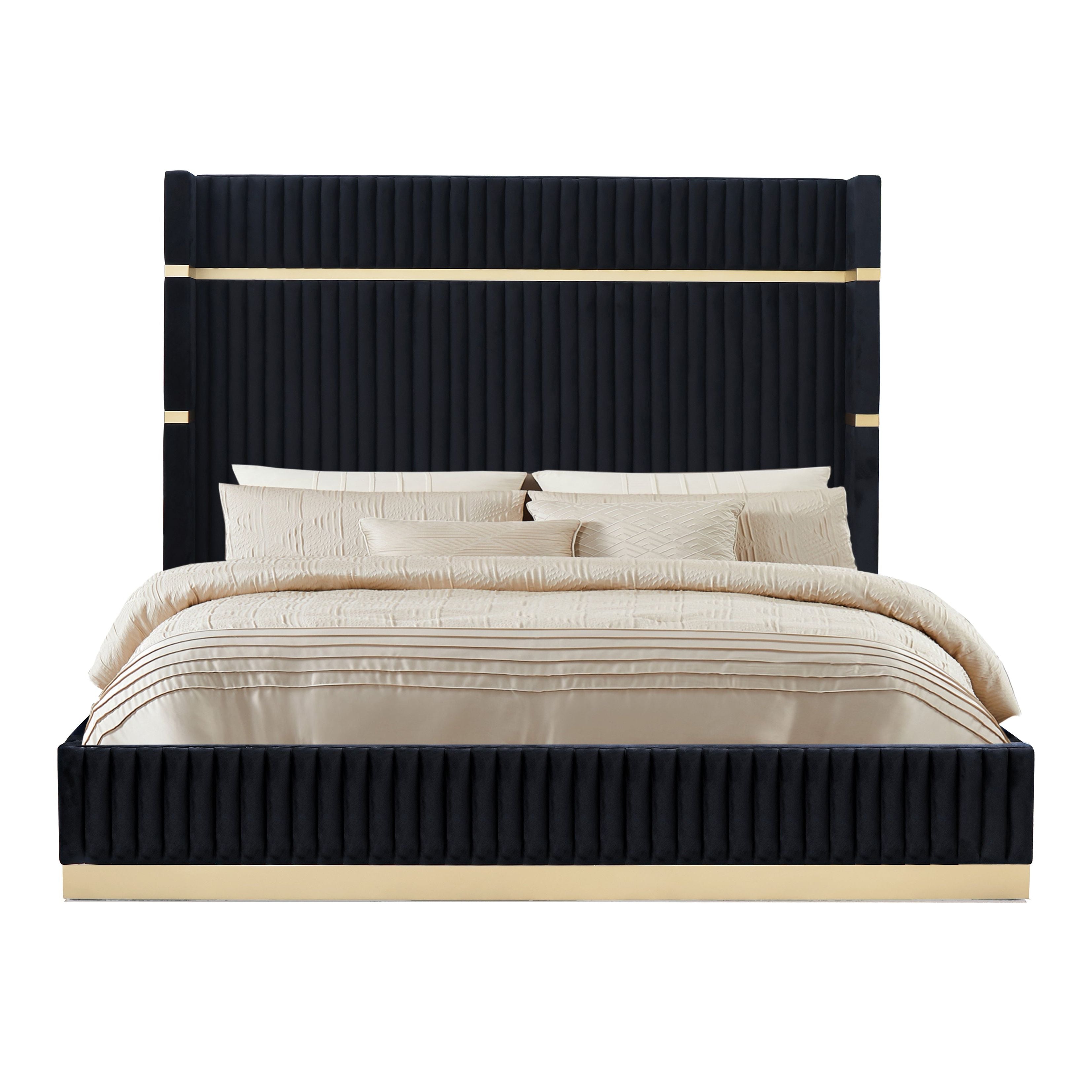 Evon Black Channel-Tufted Bed with Gold Trim, view 4